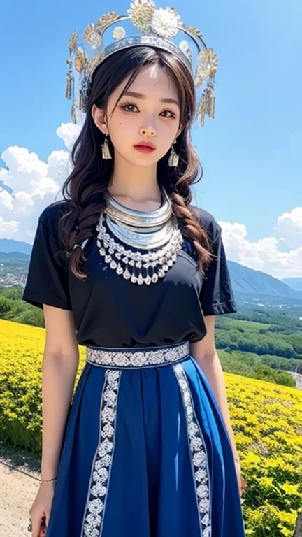 Reality, high resolution, Soft Light,1 female, Solitary, Hip lift, Shiny skin, (Delicate face), plateau,Blue sky,paddy,Extremely detailed,Torogao, Miao clothing, crown
