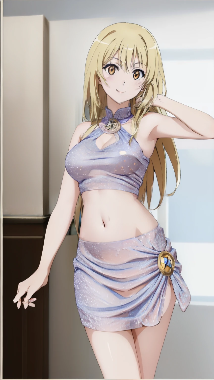 (highest quality, High resolution, 8k, masterpiece: 1.2), Very detailed, Anime art style, Misaki Shokuhou, orange eyes,with star-shaped irises, Beautiful character design, Perfect eyes, Perfect face, Expressive eyes, Perfect balance, smile, blonde, Long Hair, Large midchest, (dress,navel:1.2), looking at the camera, Dynamic pose, Dynamic Angle, The gaze camera focuses on the center of the image,