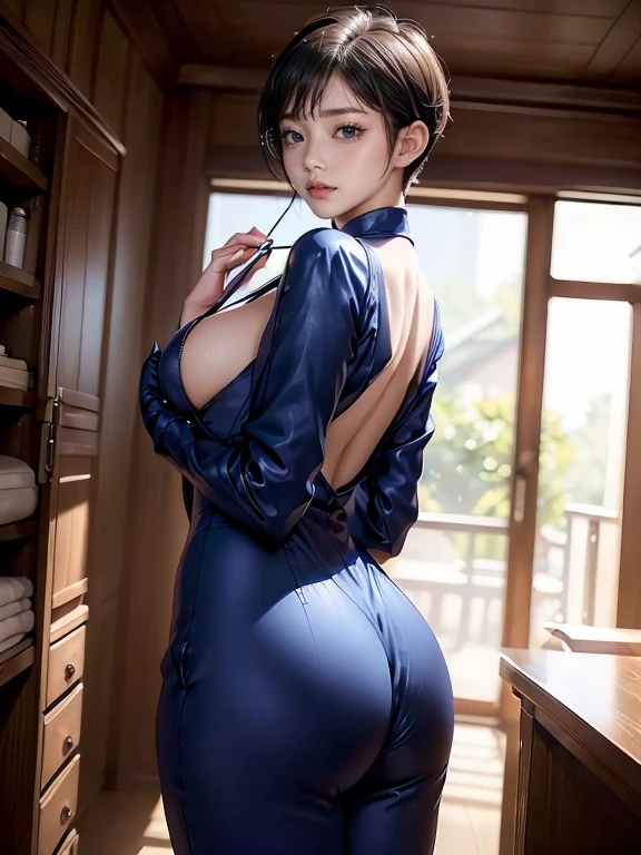 Mature Woman　(((alone)))　(((Photo from behind)))(((Rear View)))　((Rimless Glasses))　(short hair)　(Pixie Cut)　moderately fleshy body　　attractive appearance　前髪のあるshort hair　　Big eyes　　Big Breasts　(((Close-fitting navy blue pantsuit for women)))　　In the office warehouse　masterpiece　(((Photograph from behind)))　(((Place your hands on the shelf、Tilt forward)))　　Portraiture　　Beautiful legs　　((Stand with your feet shoulder-width apart))　Emphasizes the buttocks　Stick your butt out towards the viewer　((Accurate depiction of limbs))　((Accurate Body Composition))　(((Compose your photo so that there is only one person in it)))