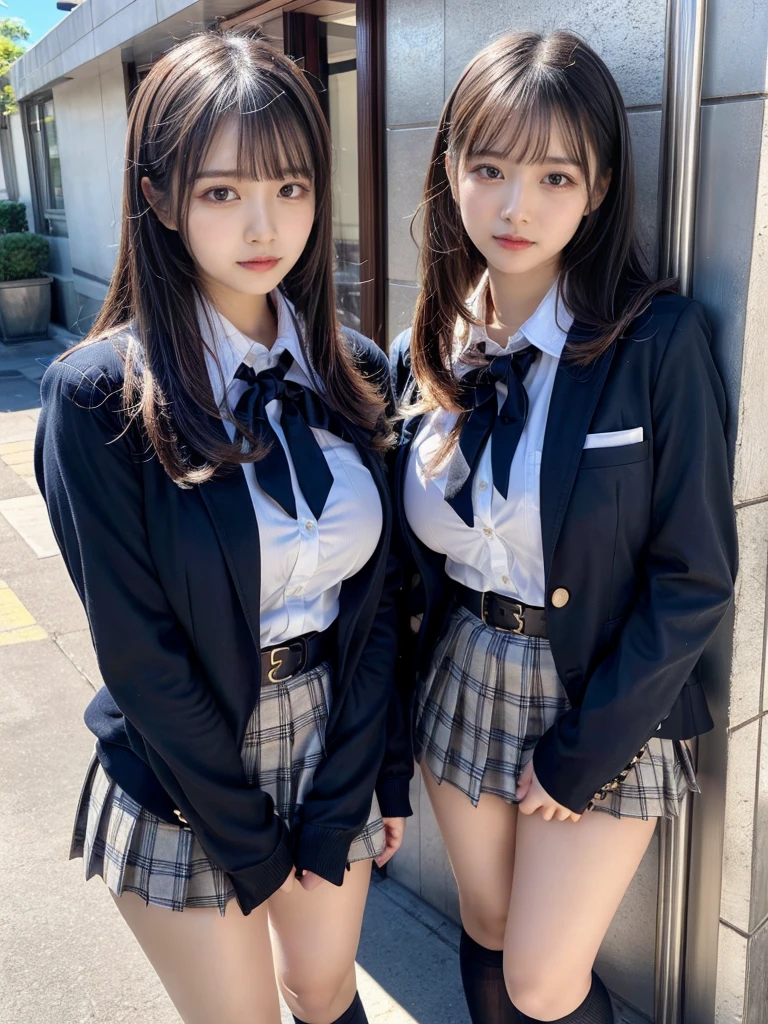 (8K, Raw photography, top-quality, masterpiece:1.2), master piece, best quality, illustration, Super detailed, fine details, High resolution, 8K,wall paper, perfect dynamic composition,(Details High quality, realistic depiction of eyes:1.3), ((2 girls, 2 schoolgirls)), The background is a luxury hotel room、High school girl uniform、blazer 、Super Short Check Uniform Skirt、Navy blue high socks、garterbelts、Colossal tits、Disturbed uniform, Play with each other,Touching each other's bodies,Touching the body of the girl next door, short bob hair, black hair color, huge breasts, Big Natural Color Lip, bold sexy pose, (perfect body shape), crying a little、cold gaze, Beautiful makeup,glitter makeup,Cutest 18 years old, beautiful legs, hposing Gravure Idol, Voluptuous thighs