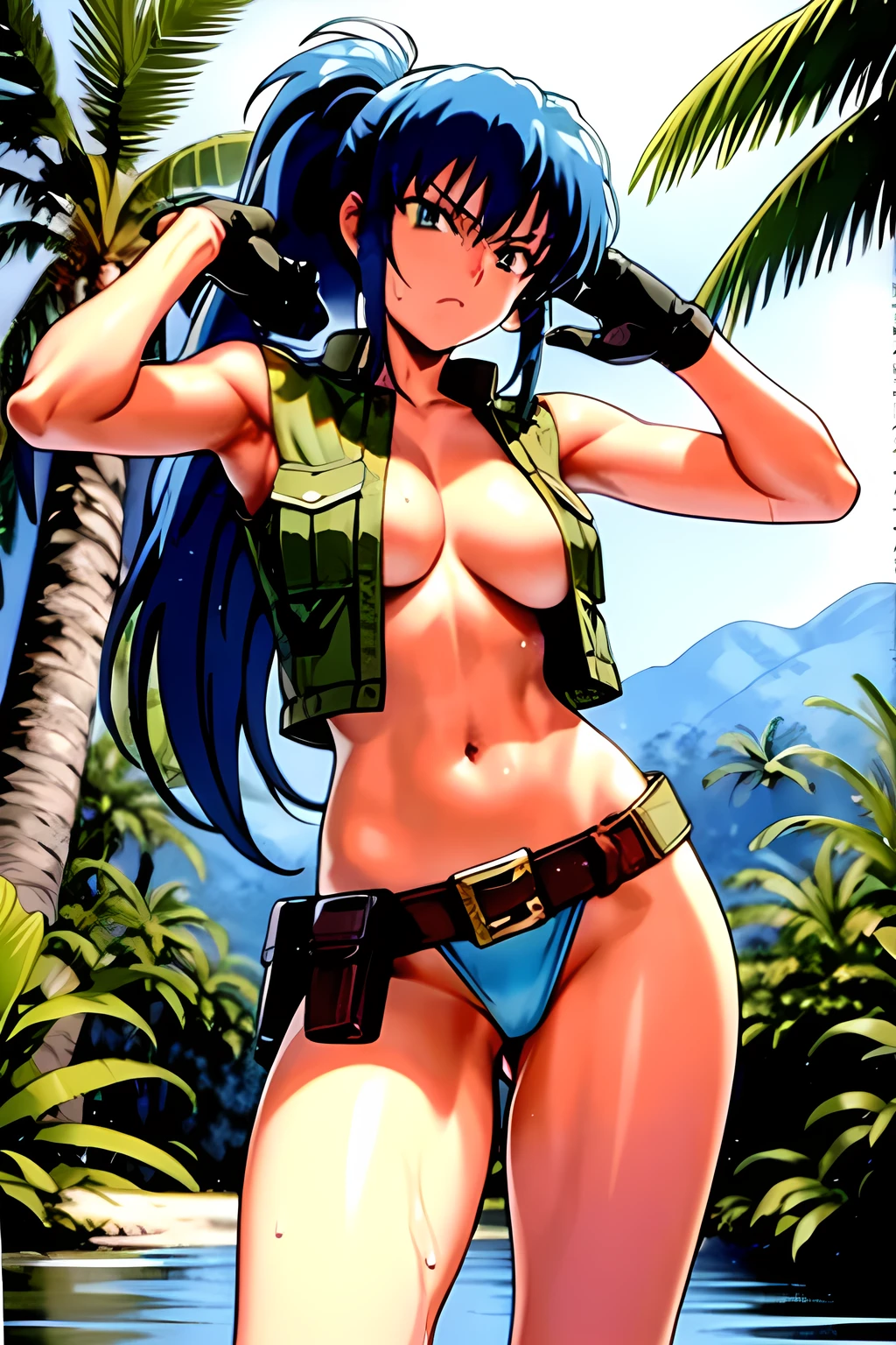 masterpiece, best quality, anime 1990s \(style\, leona heidern, sexy, naked, thong ,open vest., jungle, tactical, pony tail, serious, cammo, army, soldier, blue hair, warfare, war, wet, gloves, sexy pose, jungle girl, perfect hands, five fingers, long hair, tropical, belt.