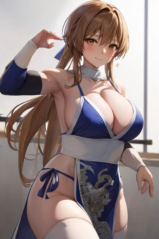 masterpiece, best quality, beautiful art, high resolution, well formed hands, body and fingers, 1 woman, solo, Lumine,, , grown up, adult breasted, cleavage, full body, long hair, hair ornament, gorgeous legs and thighs, blue_kunoichi_dress, wearing DOA Kasumi's blue kunoichi dress, white stockings, sleeveless, she is fighting in a combat match at a martial arts tournament, she is getting ready to fight, making her guard pose, action and fighting scene, about to hit the viewer, looking at the viewer, sweating , feeling confident and proud, smiling joyfully and happily, charming her opponent with her beauty, fighting scene, martial arts tournament on the beach