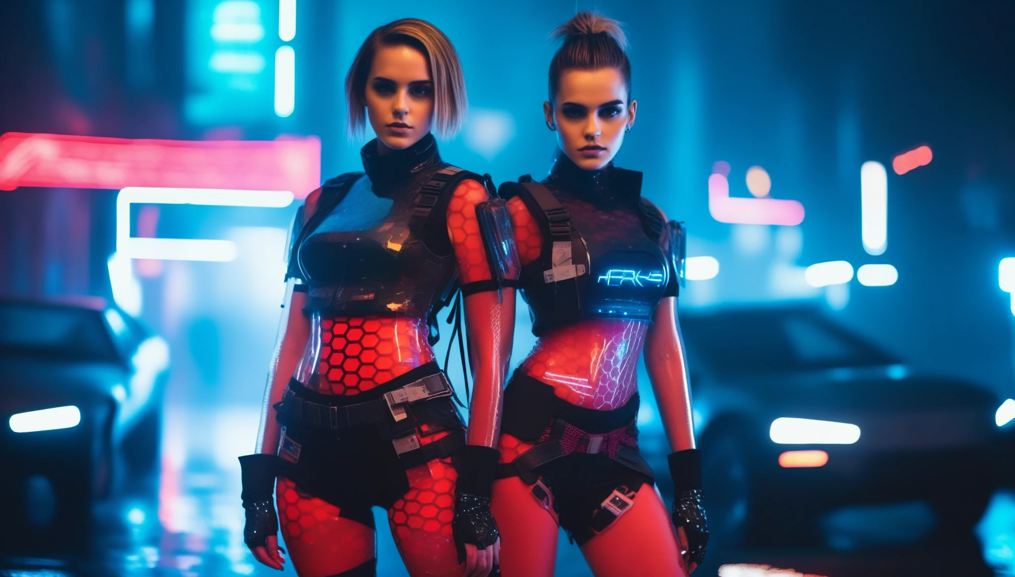 Two young female hackers in front of an APC in a cyberpunk metropolis at night, heavy rain, facing the viewer, holding a cyberdeck with a transparent screen, silverwhite undercut haircut, immaculate skin, thoughtful look on the face, raindrops on the whole body, full lips, small breasts, legs crossed, fullbody black and red translucent skintight cyberpunk underarmor with intricate hexagon pattern, synthetic utility vest with attached wearable computer, utility belt with multimeter and some probes attached, black hot pants with a strap-on dildo, thigh high translucent latex boots, cutoff gloves, no makeup, natural fingernails, emma watson, edgFut_clothing, neons, electric circuits