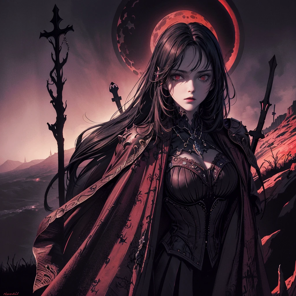 best quality, 4k, High resolution, masterpiece:1.2, Extremely detailed, Practical:1.37, Mood lighting, girl, Crucified, Pitch black sky, Red Moonlight, Weird atmosphere, Gothic style, Unforgettable beauty, Dramatic shadows, Ethereal Light, Mysterious atmosphere.