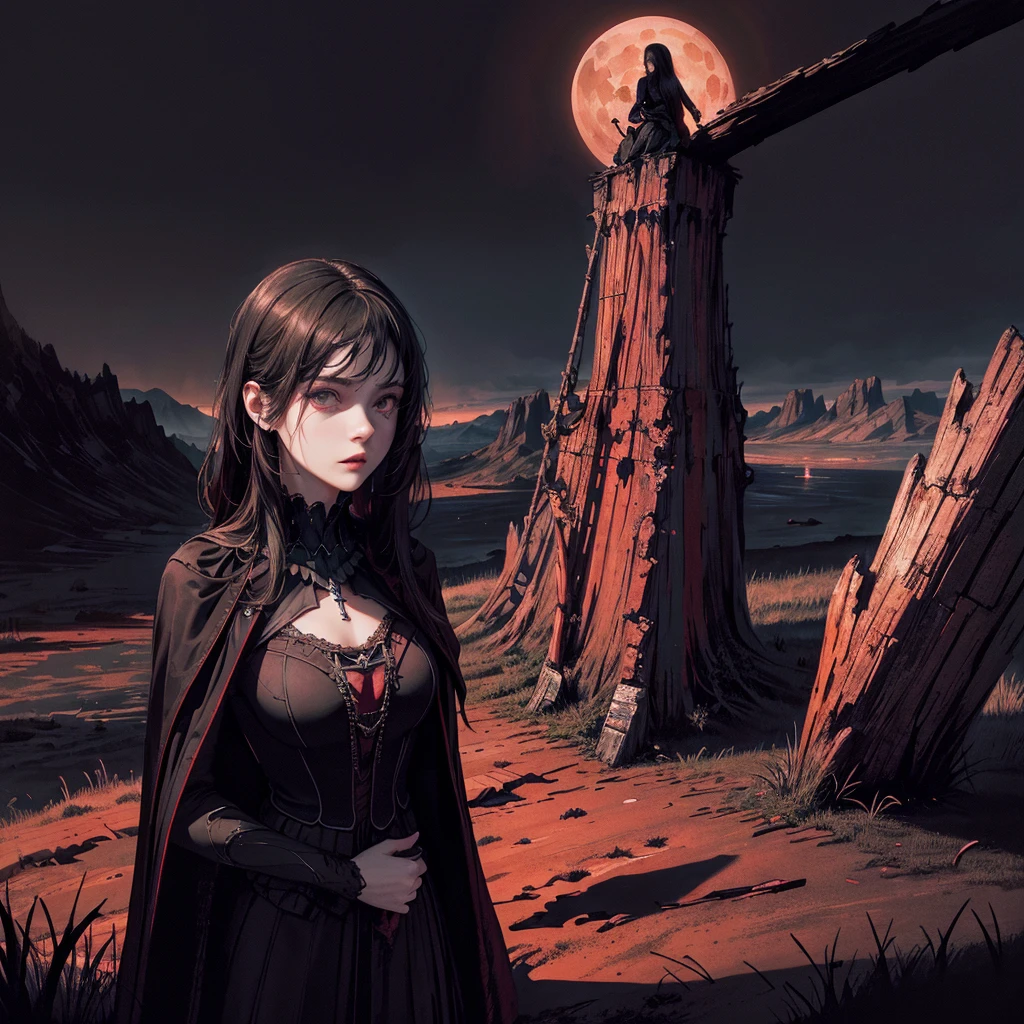 best quality, 4k, High resolution, masterpiece:1.2, Extremely detailed, Practical:1.37, Mood lighting, girl, Crucified, Pitch black sky, Red Moonlight, Weird atmosphere, Gothic style, Unforgettable beauty, Dramatic shadows, Ethereal Light, Mysterious atmosphere.