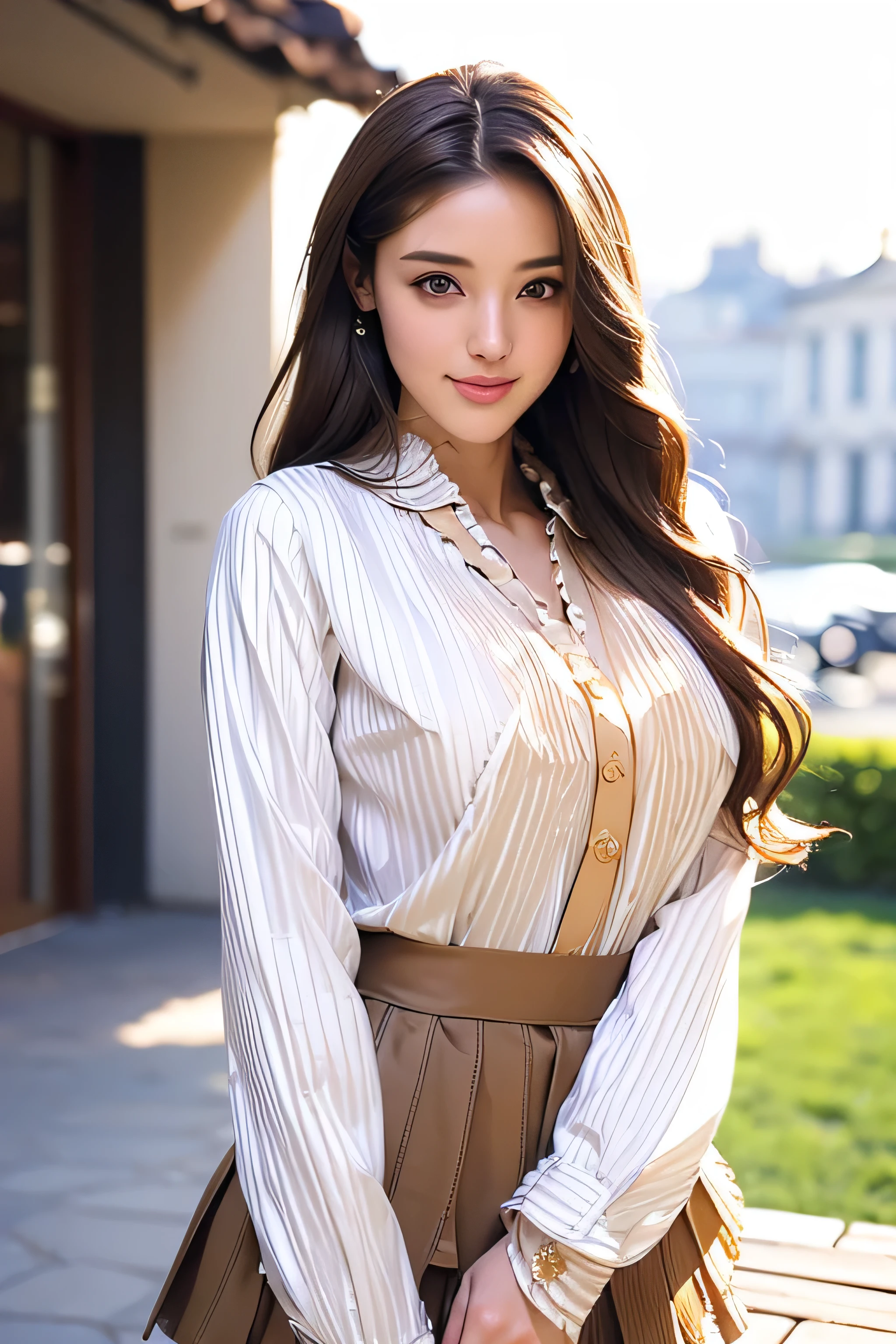 18 year old beautiful girl, Big eyes, Big Breasts, thin, 8k, highest quality, (Very detailed head: 1.0), (Highly detailed face: 1.0), (Very thin hair: 1.0), High-resolution official artwork, Anime Moe Art Style, Beautiful and detailed anime art, smile, Blonde, Long straight hair_Hair reaching down to the waist、 ((white long sleeve button up blouse_brown pleated mini skirt_Put the shirt inside the skirt:1.3)) , ((On the open terrace of the cafe, blurred background:1.3)),full figure supermodel standing, entire body in frame、((Place your left hand gently on your chin:1.3))