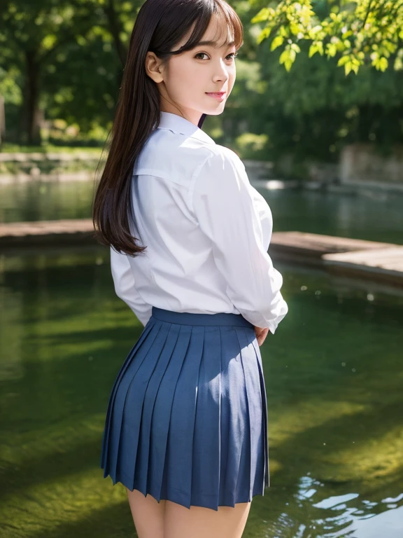 (RAW Photos:1.2), (Realistic:1.4), Beautiful detailed girl, Very detailed eyes and face, Beautiful details, Ridiculous, incredibly Ridiculous, Large file size, Very detailed, High resolution, Very detailed, highest quality, masterpiece, kemomimi, ((Japanese school girl uniform)), shape, Very detailed, CG, Unified, 8k wallpaper, wonderful, Fine details, masterpiece, highest quality, Very detailed CG uniform 8k wallpaper, Light on the face, Cinema Lighting, One Girl,Shy smile、Big Ass、(Back pose:1.0) or (Back view:1.0)、School Uniforms、Red tie、Dark blue pleated skirt、Around the pond、There is nature、noon、Ample breasts、24-years-old、From the shin up