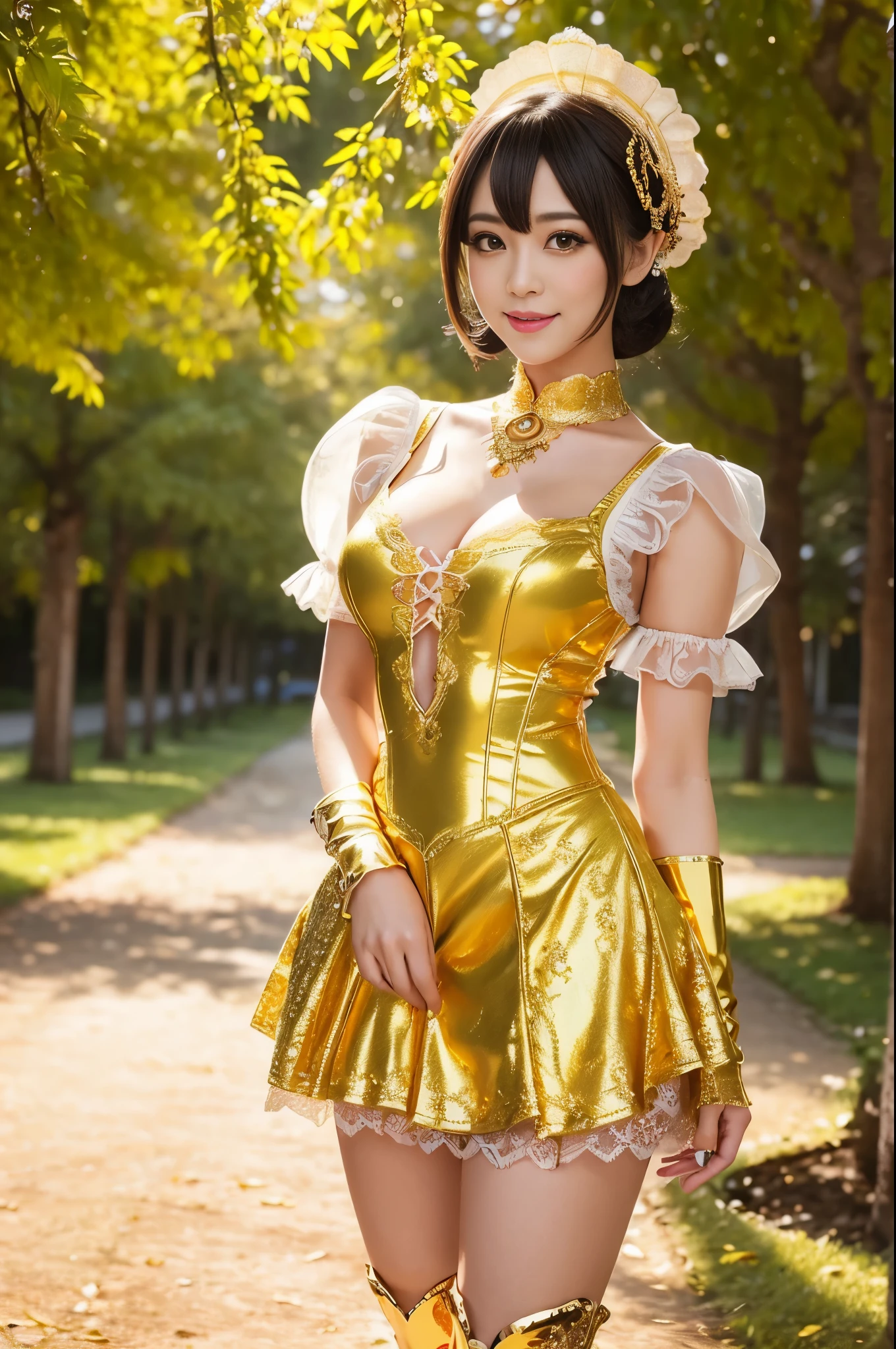 nsfw, sexy golden Thai princess, only 1 female, ((doll-like appearance)), short fuchsia stylish hair, ((shiny Victorian-Style boots)), (big smile), ultra detailed eyes, vivid golden eye makeup, lipgloss, long lashes, defined eyebrows, ((sexy golden Paradise Kiss cosplay)), bell-shaped skirt, petticoats, high neckline, puffed sleeves, ((ultra detailed golden lace)), ((ultra detailed golden embroidery)), intricate details, golden Paradise Kiss accessoires and matching golden headpiece, golden choker, ((large sparkling golden Paradise Kiss jewelry)), cinematic light, detailed large park background with trees