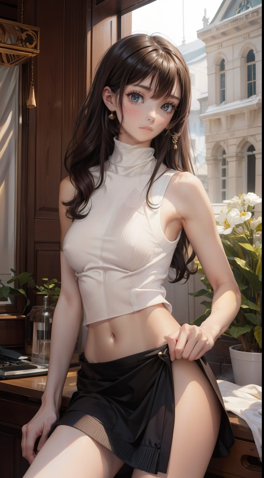 (masterpiece:1.3), High resolution, Very detailed, Very detailed CG Unity 8k wallpaper, Realistic, photo-Realistic, RAW Photos, Beautiful and dense face, Pale skin, Realistic glistening skin, High quality fabric, Detailed hair texture, Perfect body, Beautiful Face, Accurate, Anatomically correct, Highly detailed face and skin texture, Natural neck length, (Beautiful Hands), (Fair skin:1.2), Thin legs, Thin legs,
break,
Beautiful Eyes, Symmetrical eyes, Light brown eyes, double eyelid, Thin eyebrows, (Glossy lips:1.4), (Smiling Kindly:1.2),
break,
(Browsing Caution:1.1), (Classy and cute girl:1.3), (1 girl), ((Wearing a white sleeveless turtleneck sweater:1.3)), ((No bra:1.1)), (Black pleated skirt), (Knee-high boots),
(Medium sized big breasts, Slim figure, Toned Abs, Hard chest:1.1), Beautiful clavicle,
(Black Hair, Wavy Hair, Long Hair:1.2), ((Asymmetrical bangs:1.2)), Second dimension beautiful girl