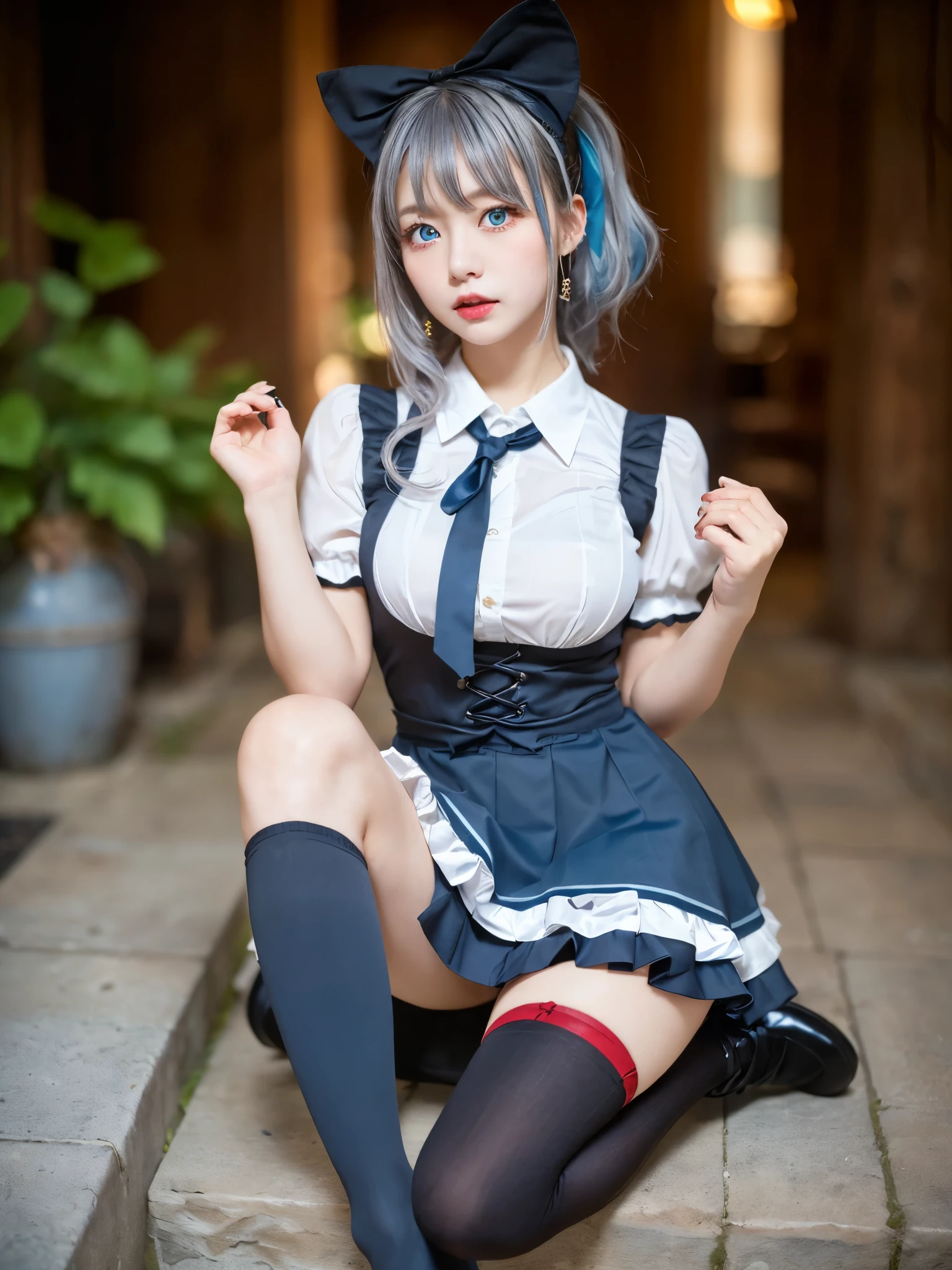 (((masterpiece))), (((highest quality: 1.4))), ((Very detailed: 1.4)) , ulzzang-6500-v1.1, (RAW Photos:1.2), (Realistic), (See through:1.3), (masterpiece), (masterpiece). (Genuine:1.4), Very detailed, Sharp focus, Tensura:Luminous-Valentine、One beautiful woman, ((Beautiful shiny silver hair、Detailed face、(Heterochromia iridis:1.4, Red eyes, blue eyes,), Gothic Lolita Maid Clothing、Knee-high stockings、Skirt and thighs、Bare thighs!!!