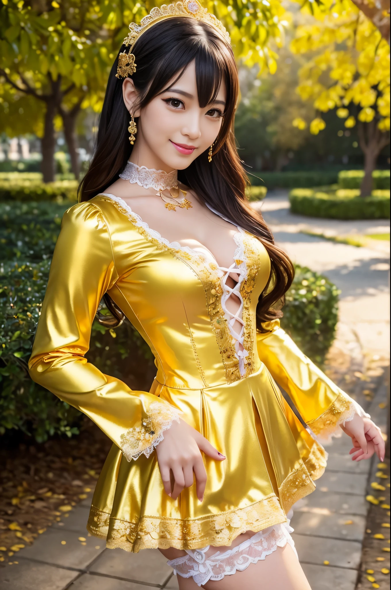 nsfw, sexy golden Thai princess, only 1 female, ((doll-like appearance)), short fuchsia stylish hair, ((shiny Victorian-Style boots)), (big smile), ultra detailed eyes, vivid golden eye makeup, lipgloss, long lashes, defined eyebrows, ((sexy golden Paradise Kiss cosplay)), bell-shaped skirt, petticoats, high neckline, puffed sleeves, ((ultra detailed golden lace)), ((ultra detailed golden embroidery)), intricate details, golden Paradise Kiss accessoires and matching golden headpiece, golden choker, ((large sparkling golden Paradise Kiss jewelry)), cinematic light, detailed large park background with trees