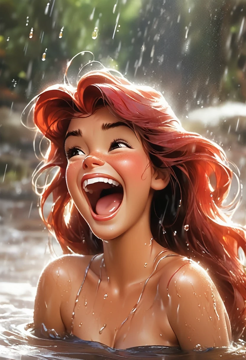 Eep Crood, solo, red hair, closed eyes, long hair, muscular, Dress, necklace, bare shoulders, barefoot, animal print, frown, clenched teeth, upper body, standing, cave, campfire, (insanely detailed, beautiful detailed face, beautiful detailed eyes, masterpiece, best quality, dynamic pose, wet skin, wet hair, monsoon rain (profiles:0.4) <lora:Eep:0.8>, <lora:add_detail:0.5>