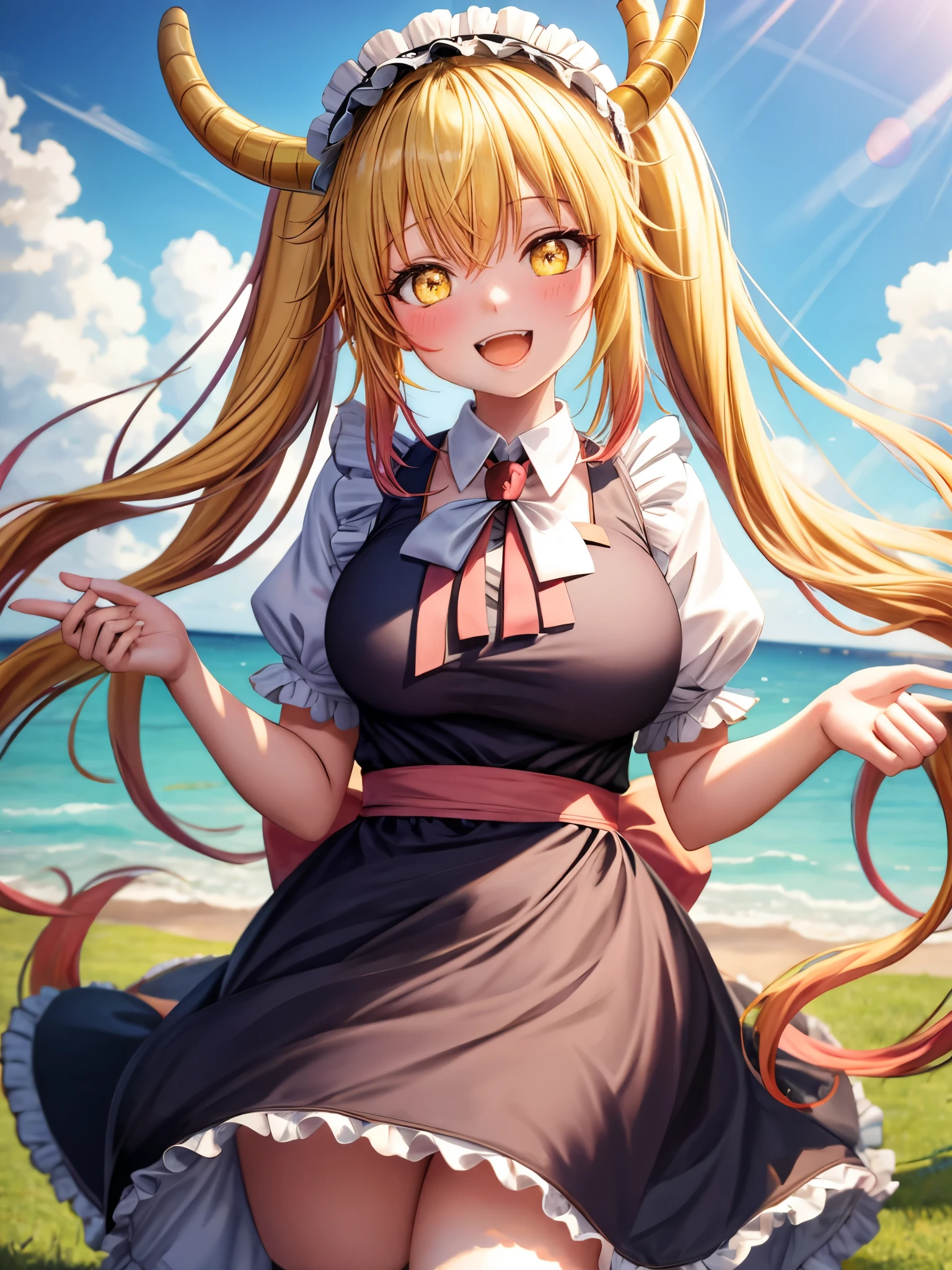 Masterpiece, high quality, high definition), 8k, natural lighting, elegant, voluptuous:0.6, looking at viewer, 1girl, female, solo, blush, open mouth, smile, teeth, sfw, tohru, blonde hair, dragon girl, dragon tail, fang, hair between eyes, horns, large tail, long hair, scales, tail, twintails, (yellow eyes:1.5), slit pupils, bow, frills, maid, maid headdress,