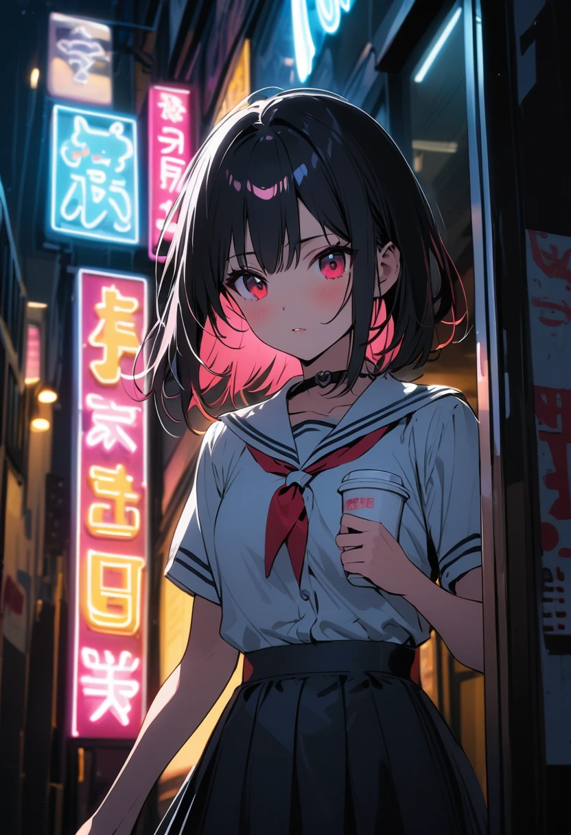 (Backlight,Umbilical cord:1.1,Black Hair),Bad girls in school uniforms on the bustling streets of Gintama, Beautiful and delicate face, Porcelain skin, Half-length photo, Center,(moonlight,night,Big neon sign,strong neon lights,Edge lighting,Two-tone lighting)