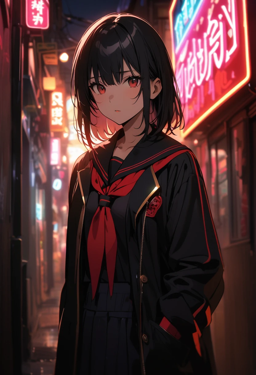 (Backlight,Umbilical cord:1.1,Black Hair),Bad girls in school uniforms on the bustling streets of Gintama, Beautiful and delicate face, Porcelain skin, Half-length photo, Center,(moonlight,night,Big neon sign,strong neon lights,Edge lighting,Two-tone lighting)