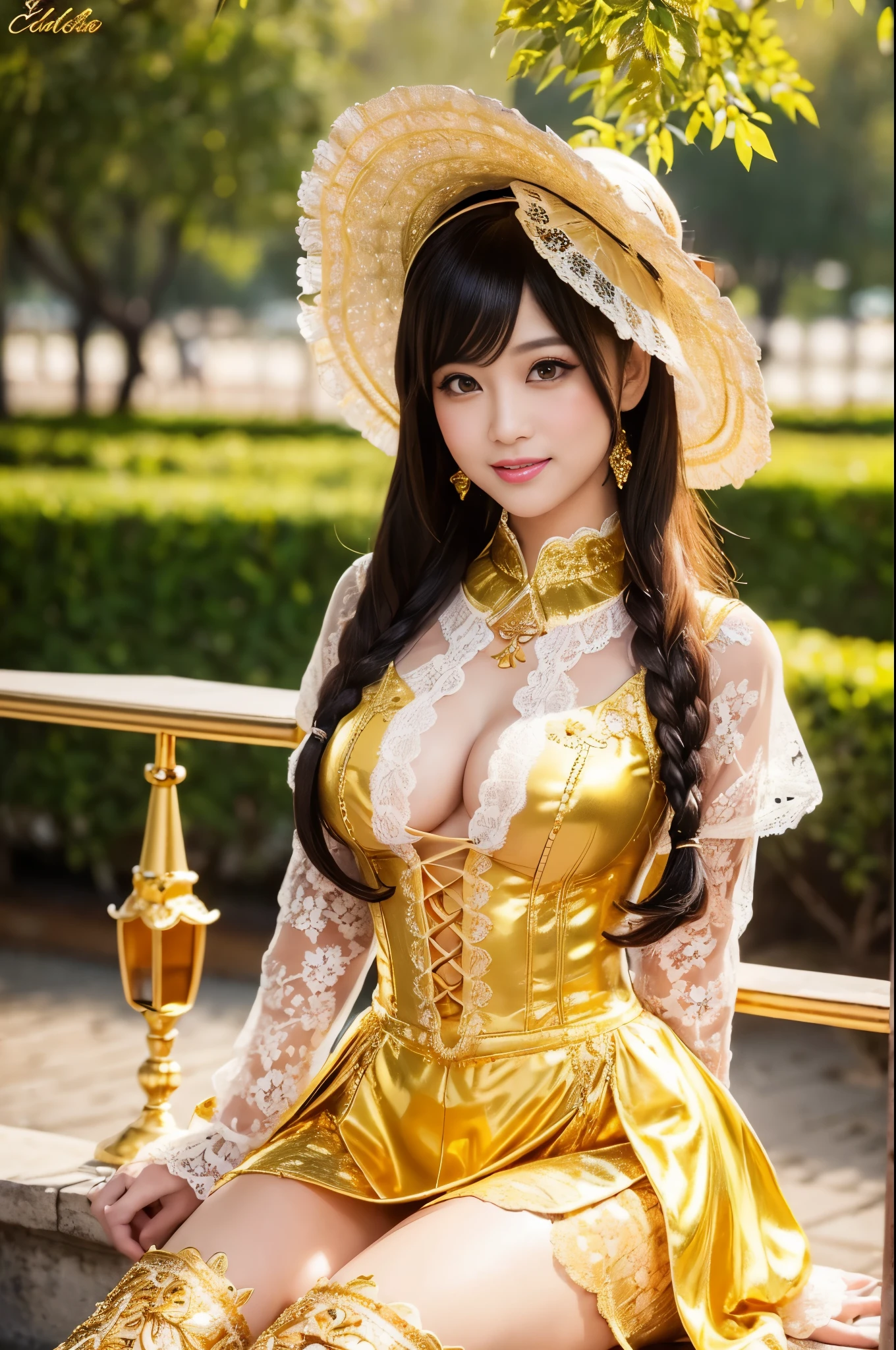 nsfw, sexy golden Thai princess, only 1 female, ((doll-like appearance)), short fuchsia stylish hair, ((shiny Victorian-Style boots)), (big smile), ultra detailed eyes, vivid golden eye makeup, lipgloss, long lashes, defined eyebrows, ((sexy golden Paradise Kiss cosplay)), bell-shaped skirt, petticoats, high neckline, puffed sleeves, ((ultra detailed golden lace)), ((ultra detailed golden embroidery)), intricate details, golden Paradise Kiss accessoires and matching golden headpiece, golden choker, ((large sparkling golden Paradise Kiss jewelry)), cinematic light, detailed large park background with trees