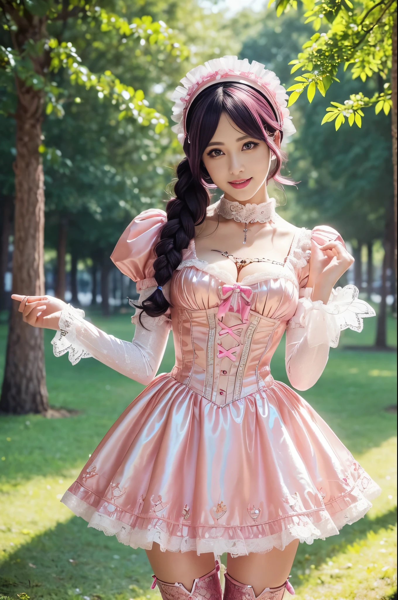 (nsfw), sexy stylish Swedish model, only 1 female, ((doll-like appearance)), short neon pink stylish hair, ((shiny Victorian-Style boots)), (big smile), ultra detailed eyes, vivid eye makeup, lipgloss, long lashes, defined eyebrows, ((sexy Paradise Kiss cosplay)), bell-shaped skirt, petticoats, high neckline, puffed sleeves, ((ultra detailed lace)), ((ultra detailed embroidery)), intricate details, Paradise Kiss accessoires and matching headpiece, choker, ((large sparkling Paradise Kiss jewelry)), cinematic light, detailed large park background with trees