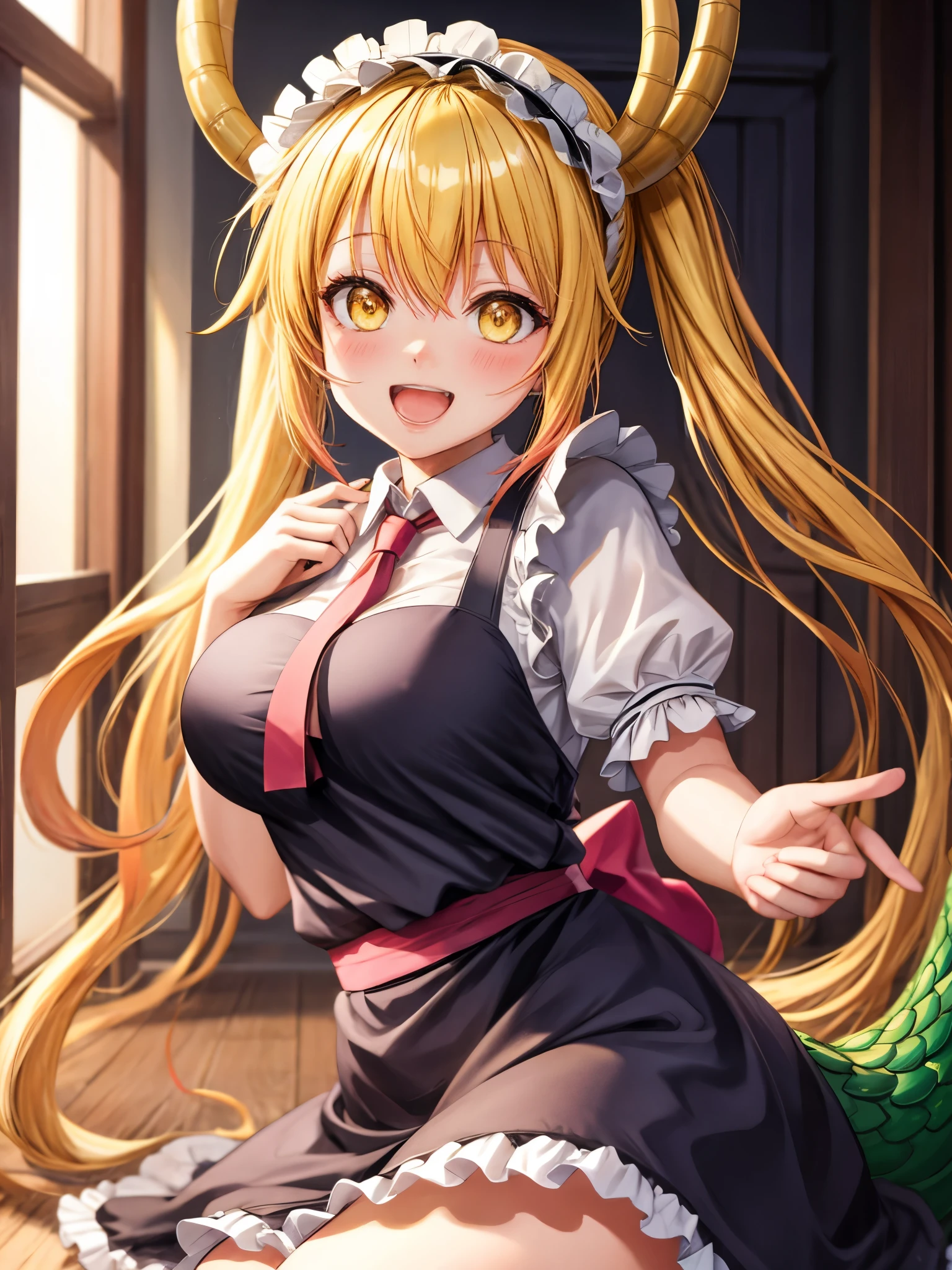 Masterpiece, high quality, high definition), 8k, natural lighting, elegant, voluptuous:0.6, looking at viewer, 1girl, female, solo, blush, open mouth, smile, teeth, sfw, tohru, blonde hair, dragon girl, dragon tail, fang, hair between eyes, horns, large tail, long hair, scales, tail, twintails, (yellow eyes:1.5), slit pupils, bow, frills, maid, maid headdress,