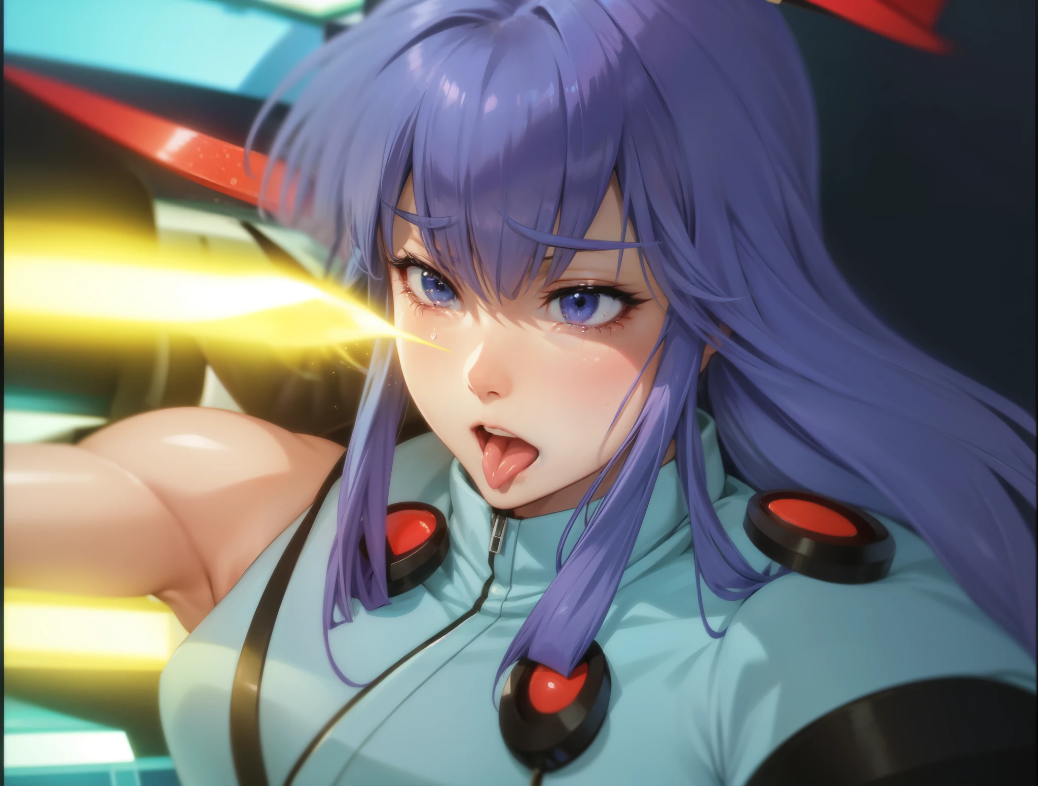 Rieli Bishop(Prison Battleship)、Purple hair、Green Eyes、Huge breasts、Long legs、Black sexy lingerie、Wet Skin、Shiny skin、nice smile、Genital tattoo、、looking at the camera、Sweat、滴るSweat、Upper Body