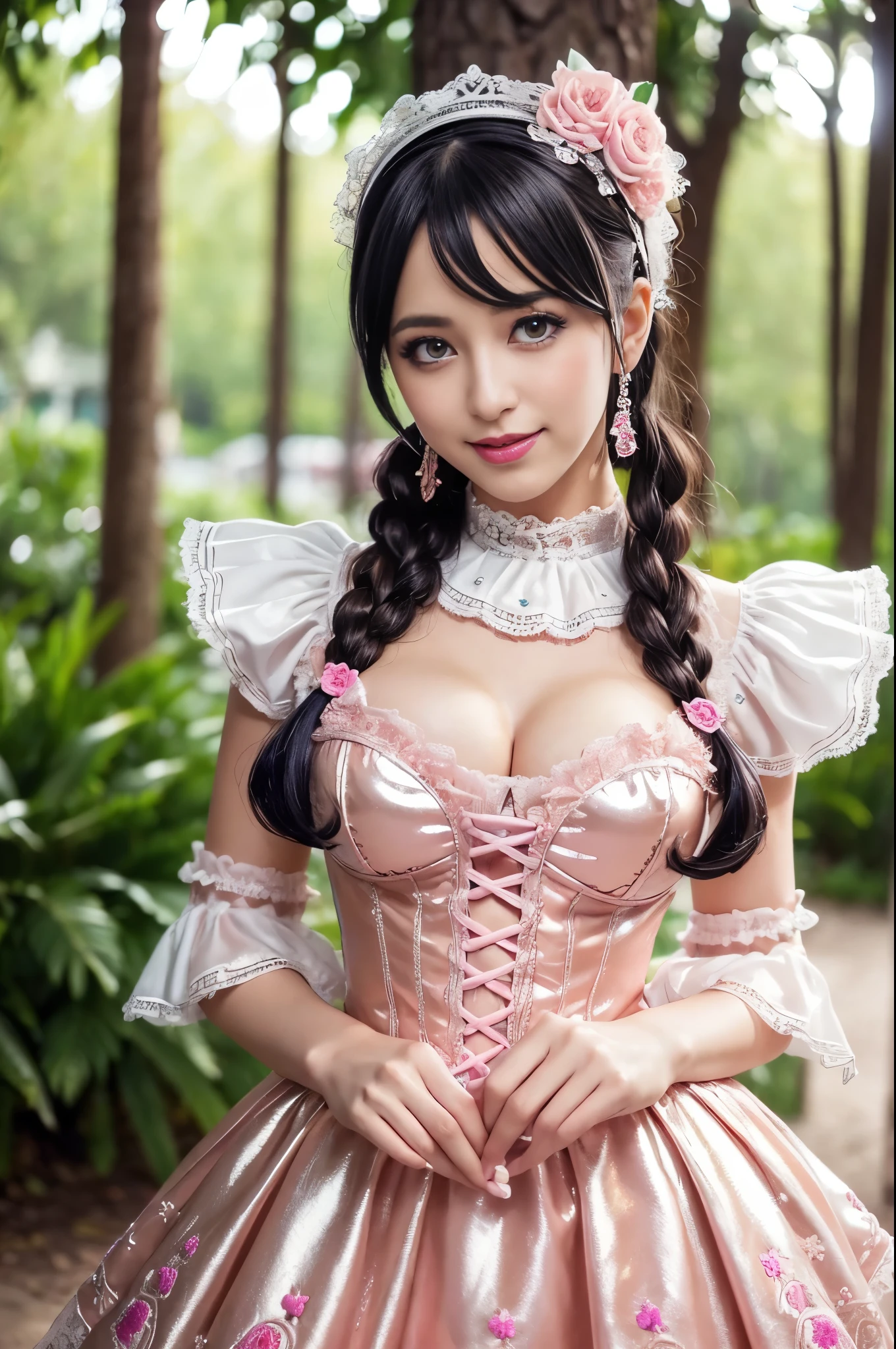 (nsfw), sexy stylish Swedish model, only 1 female, ((doll-like appearance)), short neon pink stylish hair, ((shiny Victorian-Style boots)), (big smile), ultra detailed eyes, vivid eye makeup, lipgloss, long lashes, defined eyebrows, ((sexy Paradise Kiss cosplay)), bell-shaped skirt, petticoats, high neckline, puffed sleeves, ((ultra detailed lace)), ((ultra detailed embroidery)), intricate details, Paradise Kiss accessoires and matching headpiece, choker, ((large sparkling Paradise Kiss jewelry)), cinematic light, detailed large park background with trees