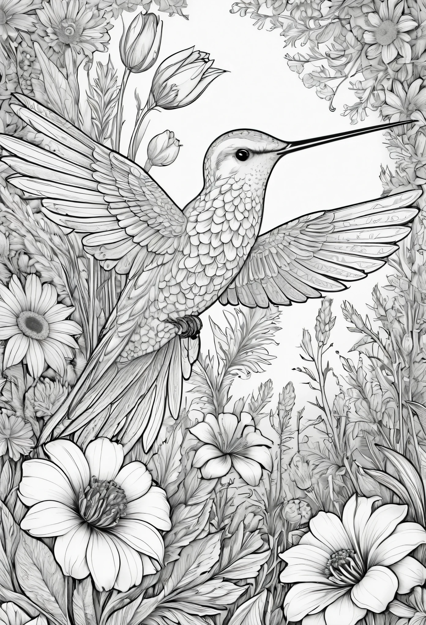 black and white, coloring book, Hummingbird sitting on a flower, on a natural background, beautifully detailed flowers suitable for coloring books. Kolibřík je zobrazen se detaily, vivid colors and high-resolution quality, which immerses the audience in the scene. only detailed large flowers, nothing blurry