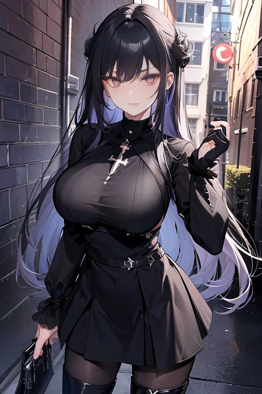 a gorgeous woman with long hair, dark hair with purple highlights and black obsidian eyes with demon-like pupils, a cocky smirk, beautiful detailed facial features, very short black dress with long black/grey sleeves. High on her neck is the German Cross used in Norway and the cross is also located at the end of her sleeves, wears black thigh-high tights and black boots that also have the Norwegian Cross. detailed thighs, big breasts, a symmetrical high boots, dark atmosphere, in a alleyway, best quality, 8k, ultra detailed, masterpiece, menacing atmosphere