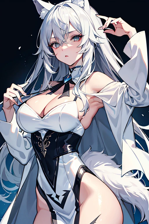 best qualtiy，tmasterpiece，The is very detailed，4K，Gray hair and shallow eyes，Drag cool expressions，Wolf ears，Erect scar on the left eye，British style，1girl，Absolutely beautiful, big bust, white costume