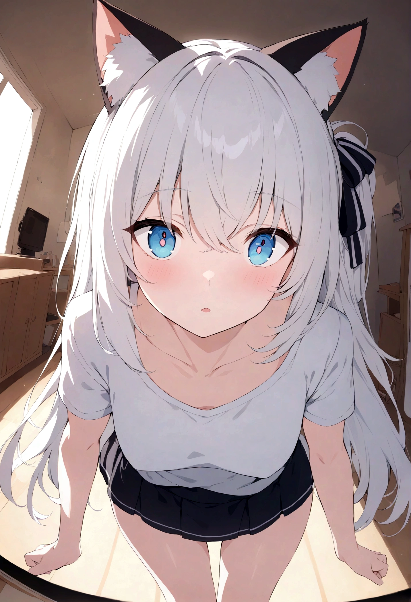 (masterpiece, high quality, high resolution, best quality),
break blurred, (color: 0.7), (Eyes Focus: 1.2), looking at the audience, superior_Body, Fisheye, (indoor: 1.1), Lovely, warm light, Lovely cat ears,
Break 1 , permanent, Solitary, ^ ^, (tilt_forward:1.1), curious, Delicateeyes, Hair accessories, long hair, 头发朝superior, white hair, mini skirt, Shining eyes,