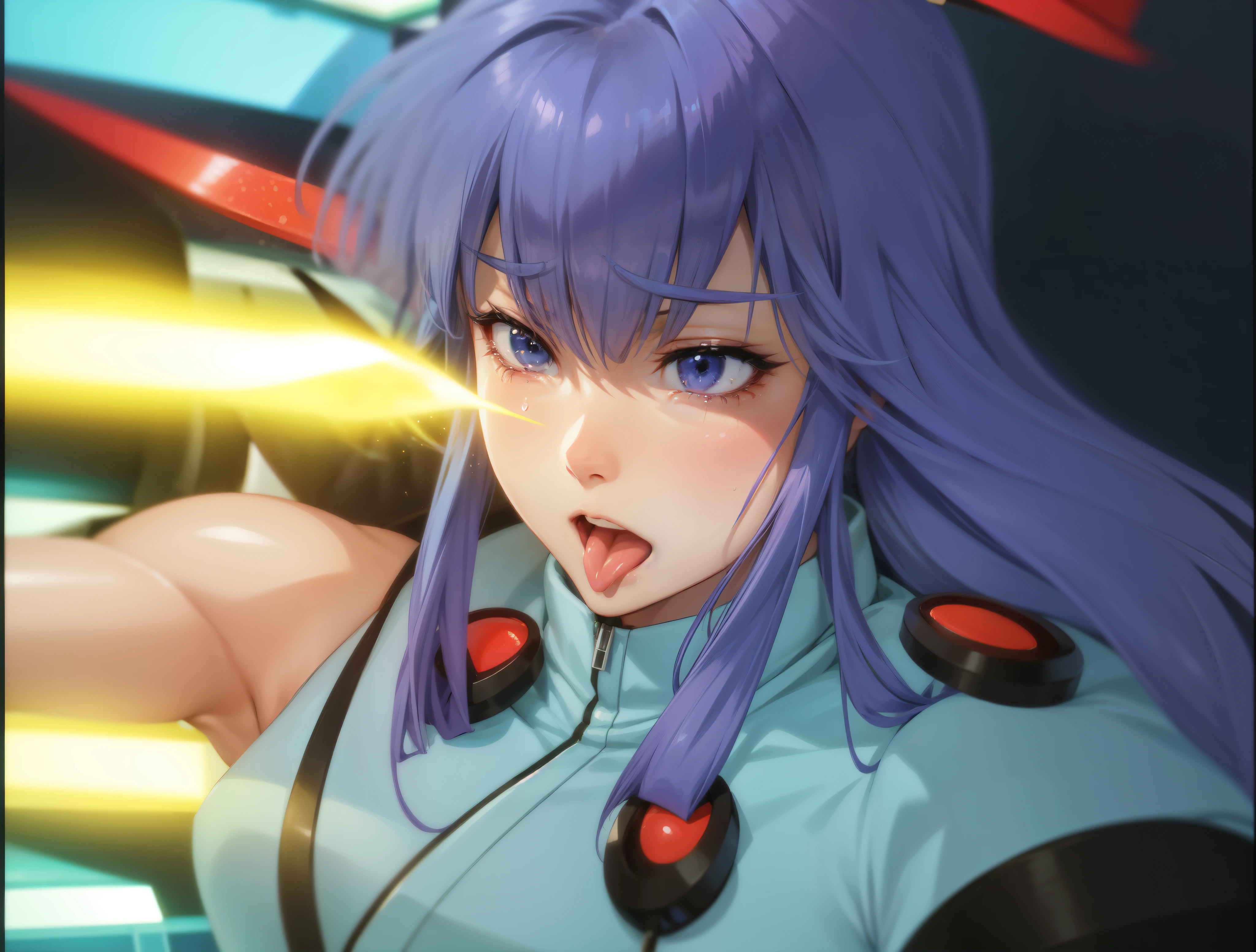 Female Combatant、Purple haired Japanese girl、Close-up of a girl in a blue leotard、Blue glossy leotard、Blue knee-high boots、Yellow Globe、Saiyan Girl, wonderful, Nano Girl, Female body type, Inspired by Hiromu Arakawa, Anime Manga Robot!! Anime Girls, Fubuki, Full Body Suit, by Hiromu Arakawa、wonderful, silk, Beautiful and attractive anime teen, Anime Girls of the future, tears,Drooling,Pee,Sweat,Tongue out,incontinence,Peeing,Mouth open and tongue out,Estrus,Eyes wide open,Estrus,Blushing,Nipples are erect,Face is hot,Lust、Mouth wide open and tongue sticking out、incontinence、Crying face、Drooling、Red lips、Red tongue、Red tongue sticking out