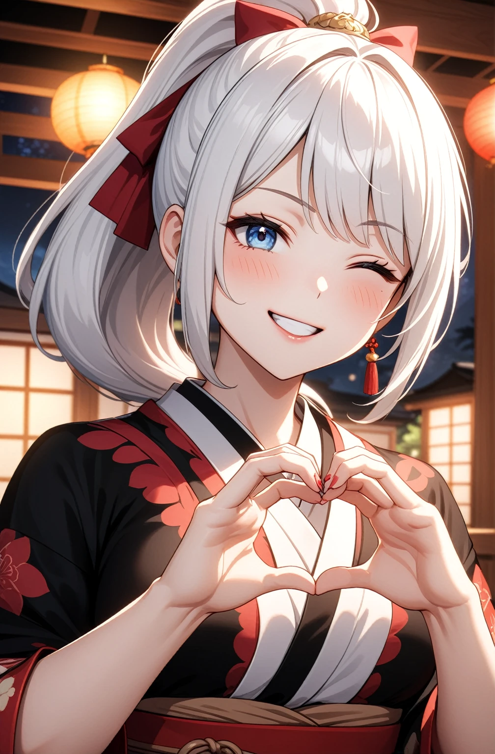 ((one personの女性)), Beautiful Face,Laugh shyly,((Wink:2.0)),Laughing with your mouth open,turn bright red,Glossy pink lips,night,Japanese-style room of the shrine,firework,((Anime style background)),masterpiece, highest quality, so beautiful, Latest, Complex details, (Pink long nails),AI-generated, Complex,High resolution, highest quality, super high quality,3D Images、View your viewers、3D Images,one person,Long white hair,High Ponytail,blue eyes,Anime woman posing for a photo, [[fine grain、Colorful eyes、Shining Eyes:1.15]],(Squint your eyes:1.1),a hyperRealistic , hyperRealistic , Realistic,Anime woman with long and white hair, Smooth anime CG art, A woman in a colorful kimono with gold embroidery, (Black kimono),Red floral pattern,Long flower hair ornament,Big earrings,(Big Breasts:1.1),Mature Body,expensive,Big Ass,Fine details,Tight waist,Abdominal muscles,(Face close-up:1.4),Tilt your face,Shooting from an angle,(making a heart hand sign with their hands in front of their chest:2.0)