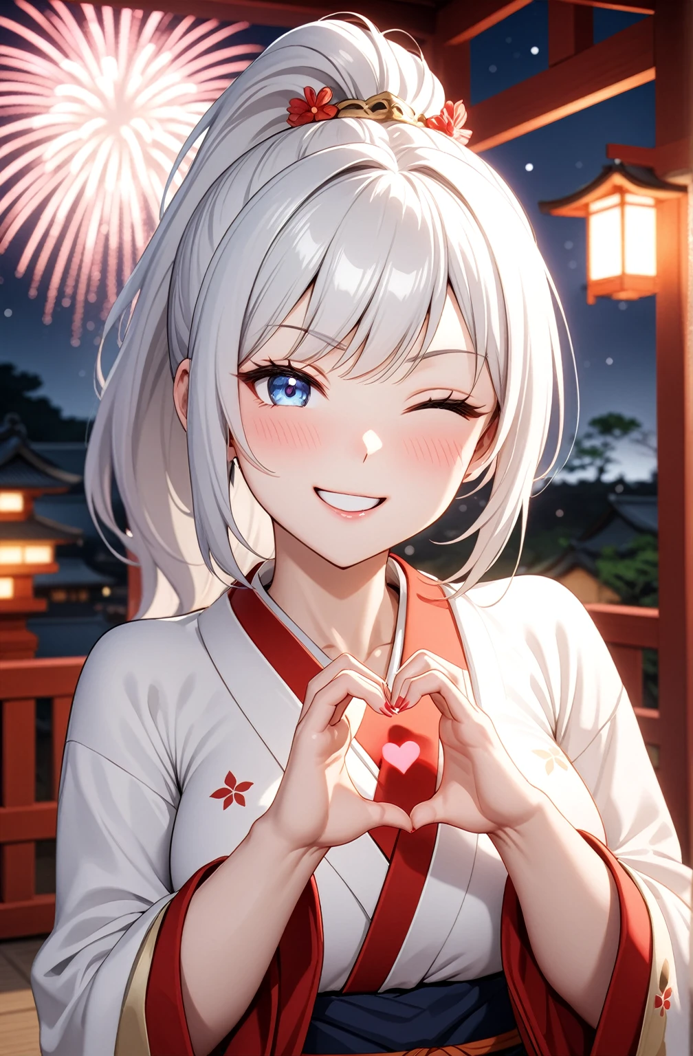 ((one personの女性)), Beautiful Face,Laugh shyly,((Wink:2.0)),Laughing with your mouth open,turn bright red,Glossy pink lips,night,Japanese-style room of the shrine,firework,((Anime style background)),masterpiece, highest quality, so beautiful, Latest, Complex details, (Pink long nails),AI-generated, Complex,High resolution, highest quality, super high quality,3D Images、View your viewers、3D Images,one person,Long white hair,High Ponytail,blue eyes,Anime woman posing for a photo, [[fine grain、Colorful eyes、Shining Eyes:1.15]],(Squint your eyes:1.1),a hyperRealistic , hyperRealistic , Realistic,Anime woman with long and white hair, Smooth anime CG art, A woman in a colorful kimono with gold embroidery, (Black kimono),Red floral pattern,Long flower hair ornament,Big earrings,(Big Breasts:1.1),Mature Body,expensive,Big Ass,Fine details,Tight waist,Abdominal muscles,(Face close-up:1.4),Tilt your face,Shooting from an angle,(making a heart hand sign with their hands in front of their chest:2.0)