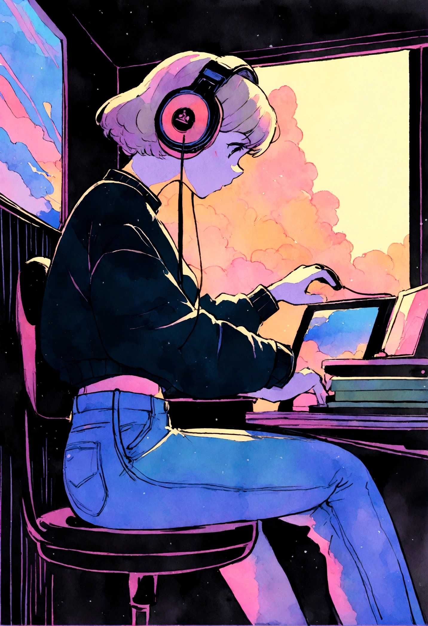 (praise), (One boy), Femboy studying hard at his desk, Sitting, profile, Wearing a black cropped sweater, high waisted blue jeans, Very big ass, Slim waist, Hourglass Shape, Blonde brown short hair, Put on your headphones, Night Light, Neon scenery on a rainy day seen from the window,Analog Color Theme, Lo-fi Hip Hop , flat, 2.5D ,Line art, Ink drawing, Large gradient, Watercolor, Gouache color, Studio Ghibli style, Great colorful, amount of sales, Synthwave, praise art,90s Style,Old Texture, amplitude,90s vibe, Tabletop, Great skills