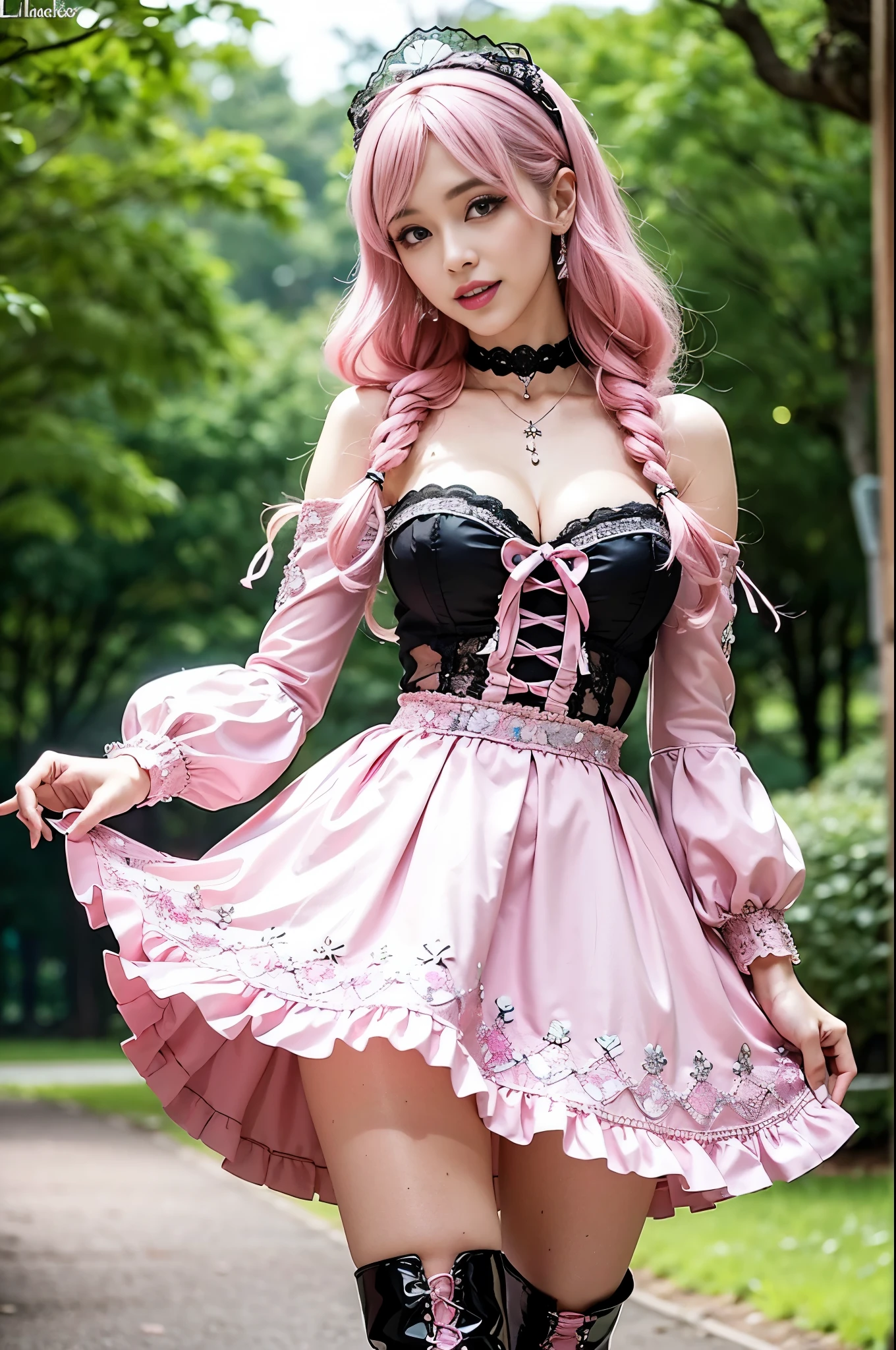 (nsfw), sexy stylish Swedish model, only 1 female, ((doll-like appearance)), short neon pink stylish hair, ((shiny Victorian-Style boots)), (big smile), ultra detailed eyes, vivid eye makeup, lipgloss, long lashes, defined eyebrows, ((sexy Paradise Kiss cosplay)), bell-shaped skirt, petticoats, high neckline, puffed sleeves, ((ultra detailed lace)), ((ultra detailed embroidery)), intricate details, Paradise Kiss accessoires and matching headpiece, choker, ((large sparkling Paradise Kiss jewelry)), cinematic light, detailed large park background with trees
