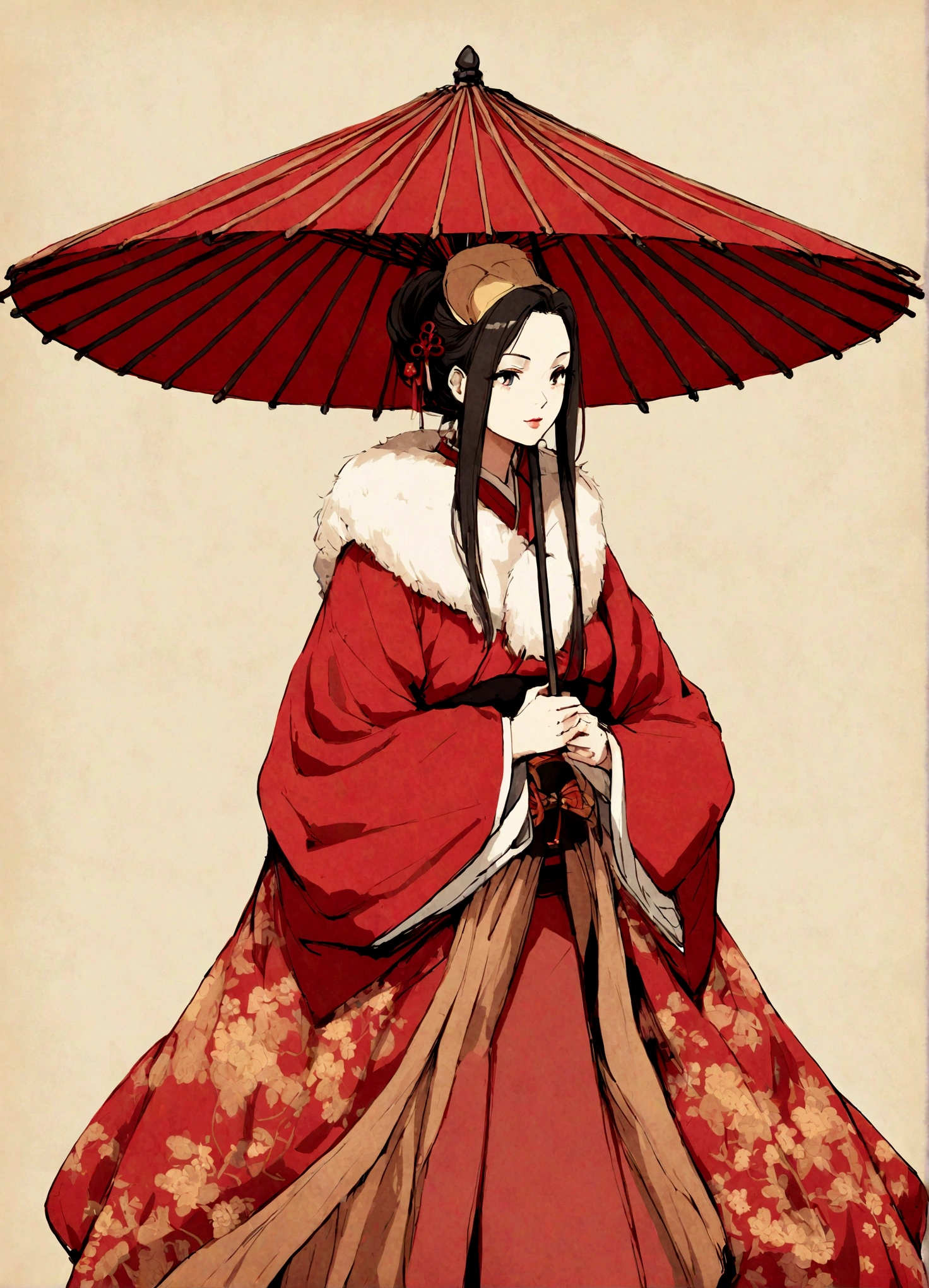 A woman in a kimono holding a parasol。Heian period。Red Umbrella
