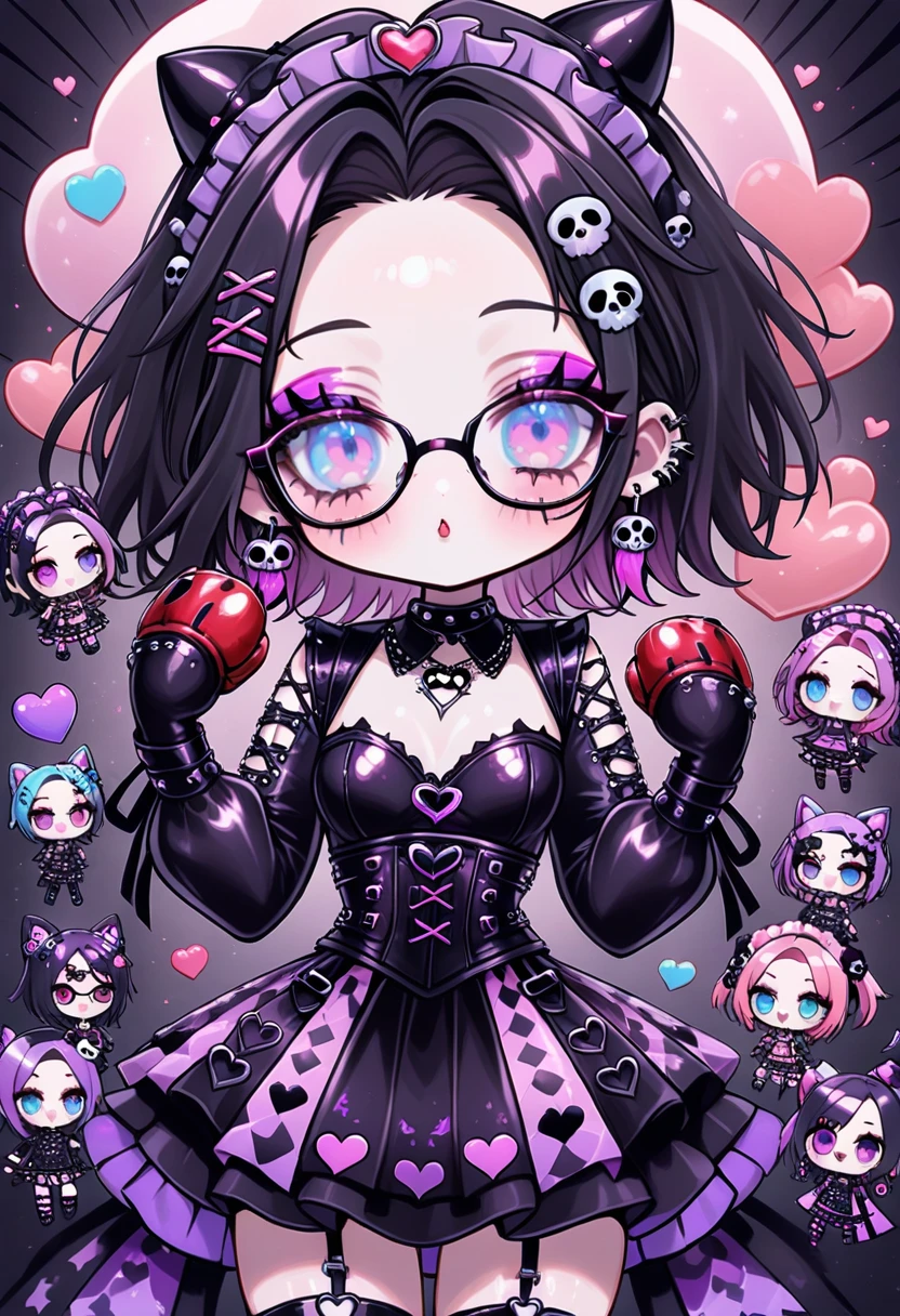 1girl, STICKER ART,Envision a mean doll latex nurse in Gothic accessories wearing bulky red BOXING gloves pastel goth, Catholicpunk aesthetic art, gloved hands, cute , goth girl in a fusion of Japanese-inspired Gothic punk fashion, glasses, skulls, dark, got, tight corset, incorporating traditional Japanese motifs and punk-inspired details,Emphasize the unique synthesis of styles, (symbol\), pastel goth,dal,colorful,chibi emote style,artint,score_9, score_8_up ,heavy makeup, earrings,candycore outfits,pastel aesthetic,Maximalism Pink ****ta Fashion, Clothes with kawaii prints inspired by Decora, cute pastel colors, heart ,emo, kawaiitech, dollskill,chibi,Iridescent shiny blue Eyes