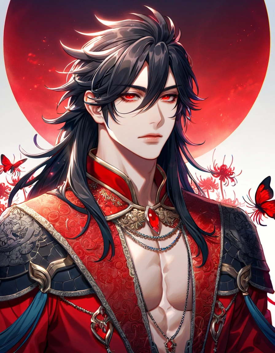 absurdres, highres, ultra detailed, HDR, master piece, best quality, extremely detailed face, delicated features, Xue Yu, untamed spiky hair, black hair, hair between the eyes, short hair,expressive red eyes, Thousand Years War, solo, sexy man sitting, manly man, adult face, handsome, demon, horns, slightly poited ears, showing the chest, black haori, red fantasy robes, accessories, spider lilies patterns, red moon, red blood water, fantasy, magic, envy magical, red trees, forest, red dust, red lanterns, red fire, red floating round lights, Jujutsu Kaisen
