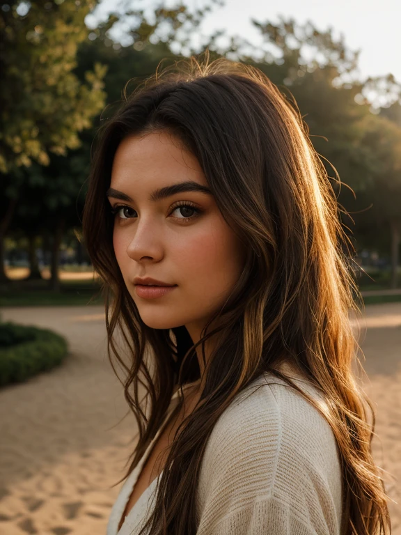 A photorealistic portrait of a 21-year-old brésilien girl with long, flowing dark blonds hair and striking dark eyes. She should have a natural, approachable expression and be illuminated by soft, golden-hour sunlight. The background should be a scenic outdoor setting, perhaps a sunlit park or beach. Capture this image with a high-resolution photograph using an 85mm lens for a flattering perspective.
