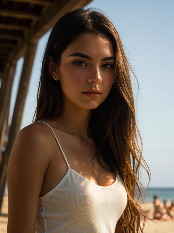 A photorealistic portrait of a 21-year-old brésilien girl with long, flowing dark blonds hair and striking dark eyes. She should have a natural, approachable expression and be illuminated by soft, golden-hour sunlight. The background should be a scenic outdoor setting, perhaps a sunlit park or beach. Capture this image with a high-resolution photograph using an 85mm lens for a flattering perspective.