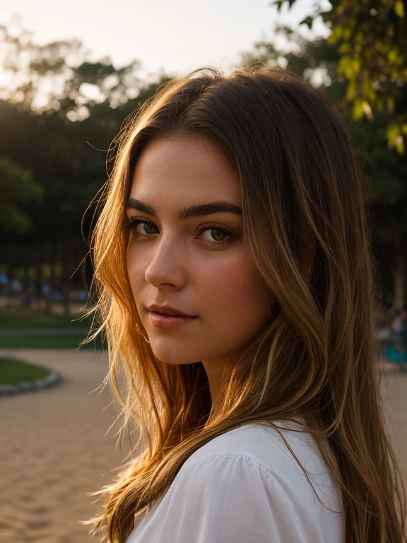 A photorealistic portrait of a 21-year-old brésilien girl with long, flowing dark blonds hair and striking dark eyes. She should have a natural, approachable expression and be illuminated by soft, golden-hour sunlight. The background should be a scenic outdoor setting, perhaps a sunlit park or beach. Capture this image with a high-resolution photograph using an 85mm lens for a flattering perspective.
