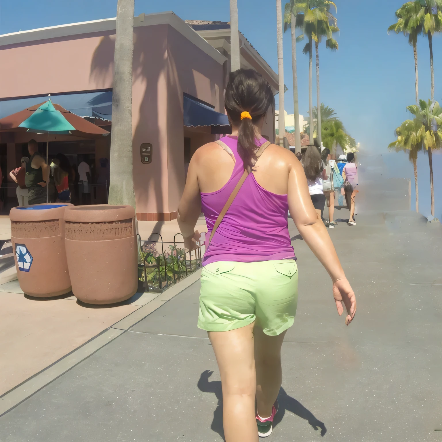 araffe woman in a purple top and green shorts skateboarding down a street, walking away from camera, walking away from the camera, sweaty. steam in air, waist - shot, uhd candid photo of dirty, facing away from camera, long shot from the back, rear-shot, palm trees in the background, seen from the back, exiting store