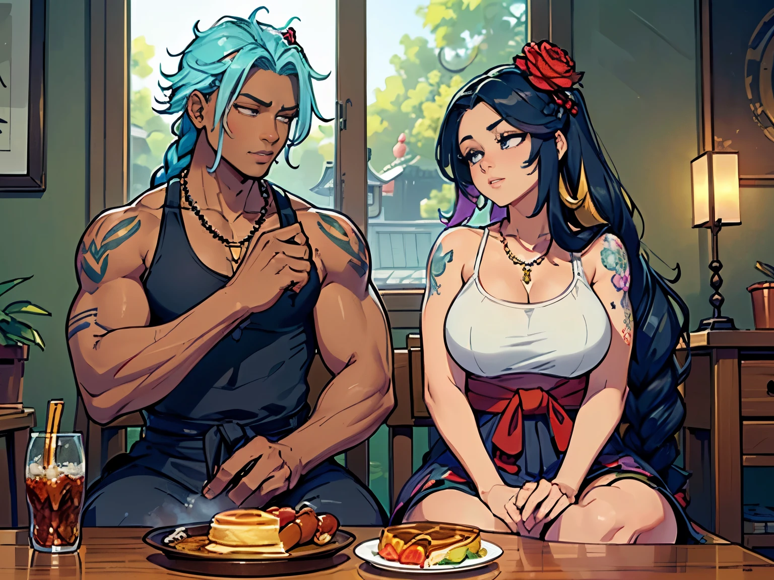 (masterpiece), best quality, expressive eyes, perfect face, perfect hands, high quality, wide angle shot, figures far from camera, asymmetric positionings,  

(Exterior: Buddhist cannabis indica temple garden with roses in bloom with overgrown ???????? indica shrubs), the scene depicting two lovers (one man and one woman) sharing a peaceful morning meal together,

((left of frame: 1girl dark-skinned Haitian woman, Curvy lithe figure, messy violet dreadlocks hairstyle, multicolored hair between eyes, glowing halo, ???????? leaf hair ornament, wearing flowing colorful sundress, sitting comfortably while rolling herbal joint peacefully)) next to

((right of center: 1boy, tan Caribbean man, athletic muscular build, flowing braided blue hair, two-tone color hair, prayer bead necklace, wearing tight dark tank top, wearing colorful detailed hakama, floral tattooed arms and body, sitting next to girl cutting into pancake and sausage breakfast)), 