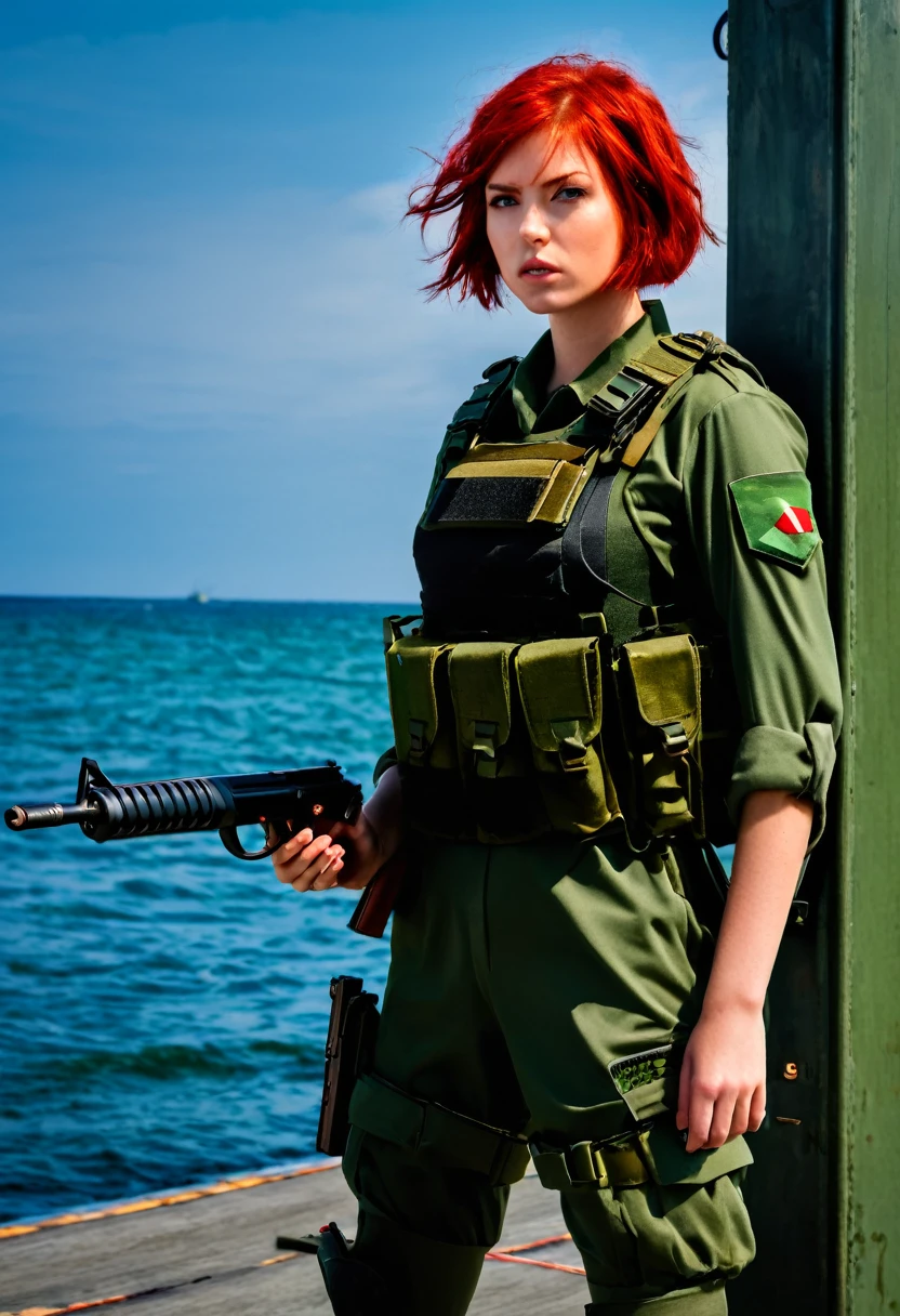 Absurd resolution, high resolution, (masterpiece: 1.4), hyper-detail, weapons testing site at an empty dock by the sea, 1 young woman, short red hair, soldier costume, very serious expression