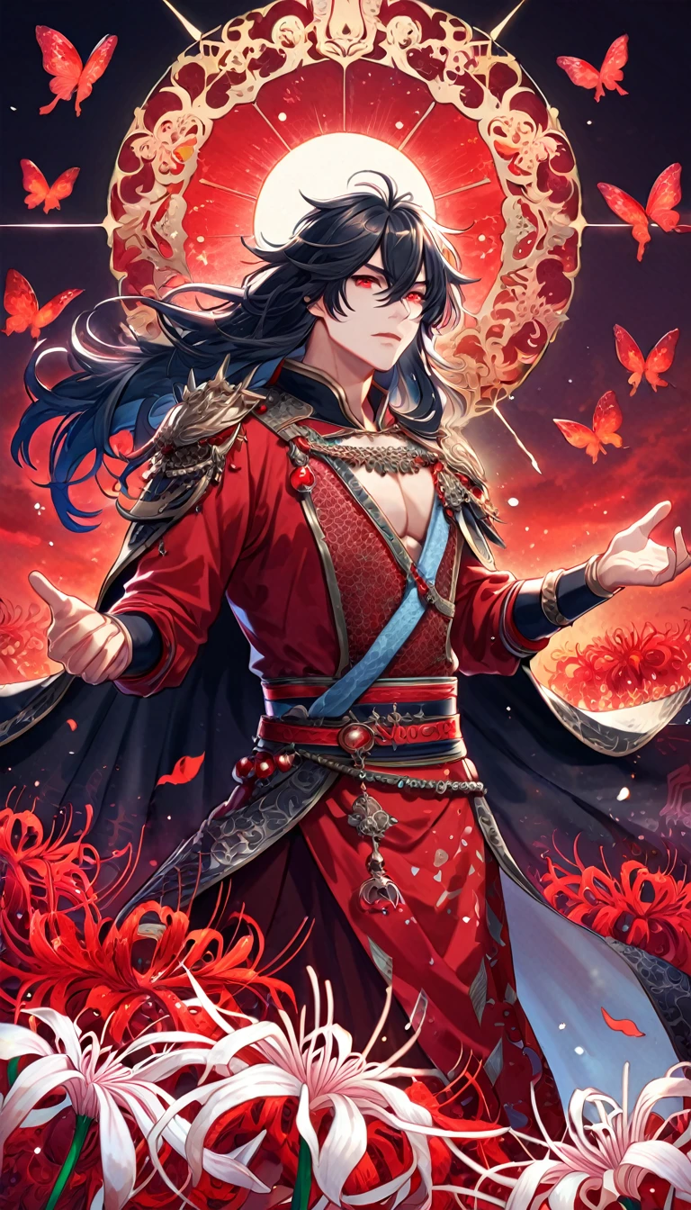 absurdres, highres, ultra detailed, HDR, master piece, best quality, extremely detailed face, delicated features, Xue Yu, untamed spiky hair, black long hair, hair between the eyes, expressive red eyes, Thousand Years War, solo, sexy man, handsome, toned chest, black cape, red robes, accessories, patterns, red sky, red butterflies, red spider lilies, fantasy, magical, radiant