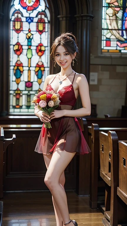  highest quality, Realistic, Very detailed, finely, High resolution, 8k wallpaper, Beautiful woman,, Brown hair short ponytail, (Silk Red Shot－Todres), Perfect dynamic composition, finelyて美しい目, Ample breasts, Realistic , smile,  Model Body Type、Earrings,garnet necklace,tiara,(Holding a bouquet）,High heels,Beautiful legs,(Church with beautiful stained glass),Full Body Shot:1.3,Smile and laugh,