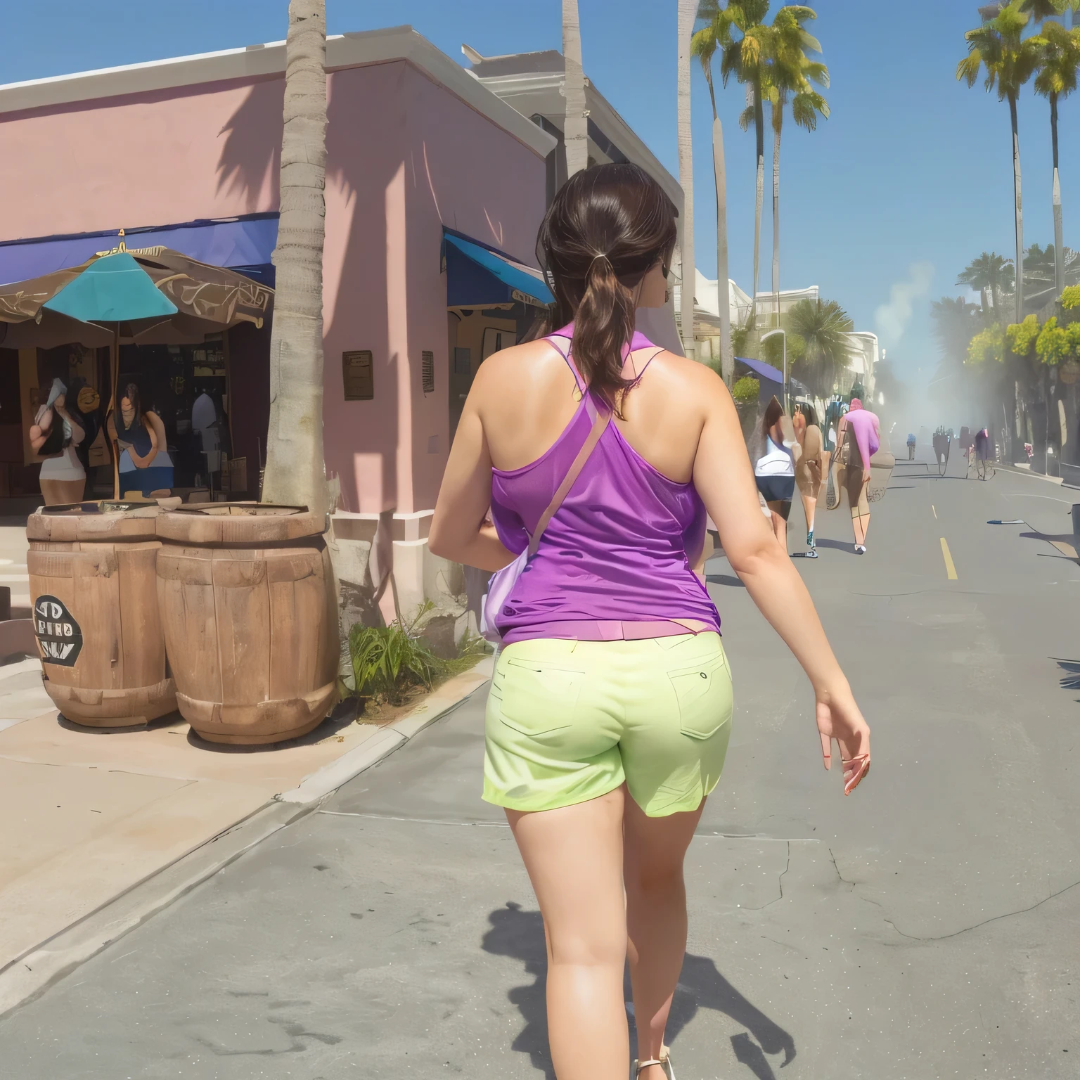 Woman in a purple blouse and lime green shorts walking down a street at Universal Studios Orlando, moving away from the camera, sweaty. steam in the air, waist shot, back to the camera, long shot of the back, rear shot, palm trees in the background, views from behind.
The woman is wearing a violet tank top and lime green shorts.
A beautiful Brazilian woman, with white skin, dark brown hair. She is about 45 years old, 165 cm tall and weighs 56 kg. Shaped legs, perfect legs, toned legs, perfect mouth, medium breasts, perfect face. Her body exudes glamor and her face is a definition of beauty. Slender body, thin waist. Highly realistic, hyperrealism, very elaborate skin. Clear photo, high resolution, high quality, masterpiece, 16K photo, high contrast, masterpiece, NUDE, NUDITY, NFSW.