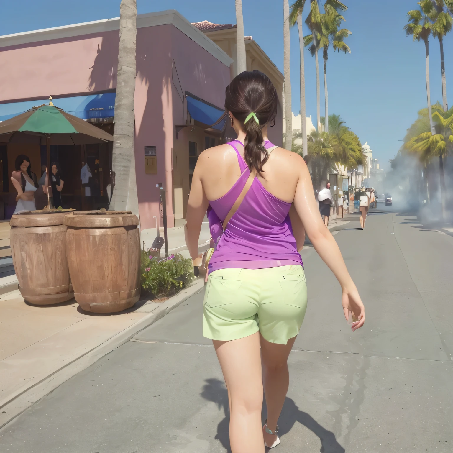 Woman in a purple blouse and lime green shorts walking down a street at Universal Studios Orlando, moving away from the camera, sweaty. steam in the air, waist shot, back to the camera, long shot of the back, rear shot, palm trees in the background, views from behind.
The woman is wearing a violet tank top and lime green shorts.
A beautiful Brazilian woman, with white skin, dark brown hair. She is about 45 years old, 165 cm tall and weighs 56 kg. Shaped legs, perfect legs, toned legs, perfect mouth, medium breasts, perfect face. Her body exudes glamor and her face is a definition of beauty. Slender body, thin waist. Highly realistic, hyperrealism, very elaborate skin. Clear photo, high resolution, high quality, masterpiece, 16K photo, high contrast, masterpiece, NUDE, NUDITY, NFSW.