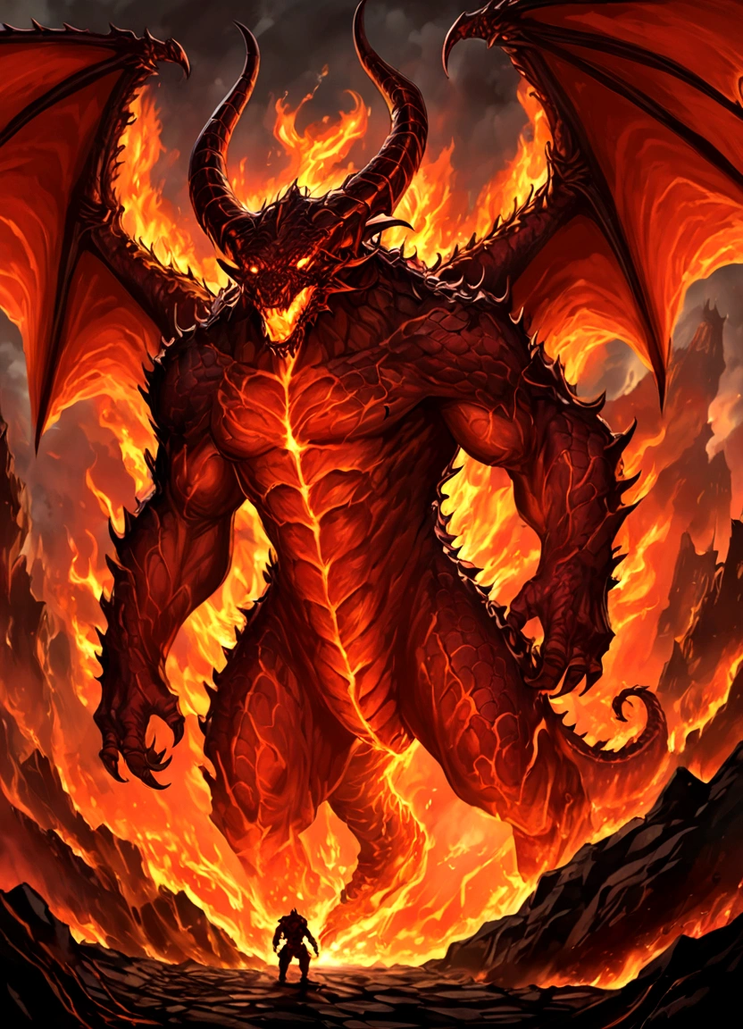 red demonic mecha with flames, fire golem creature, destructive colossal dragon as background, balrog concept art, fire demon, fire elemental, mecha vore art, hellfire background, balrog, ruler of inferno, epic digital painting, epic full color illustration, giygas, background artwork