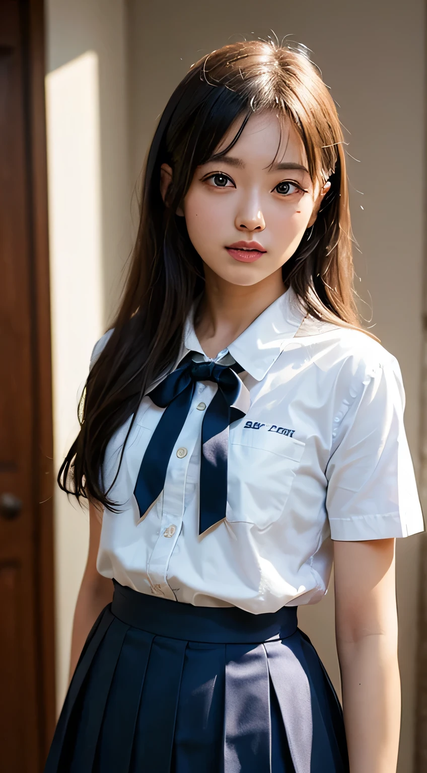 (masterpiece, highest quality:1.2), 8k, 15 years, 85mm, Official Art, RAW Photos, Absurd、((small, Vacant Japanese-style room:1.4))、Pretty face, close, ((Cowboy Shot:1.4))、Beautiful girl with straight medium long hair,(((High School Girl Uniform 1.4)))、(((White short sleeve low cut button front shirt、Dark blue ribbon)))、((Ultra micro mini dark blue pleated skirt)) Squeeze the waist, Thighs, Short sleeve, Model pose、View your viewers, No makeup, (smile:0.4), Film Grain, chromatic aberration, Sharp focus, Face Light, Bright lighting, Teen, Detailed face, Bokeh Background,