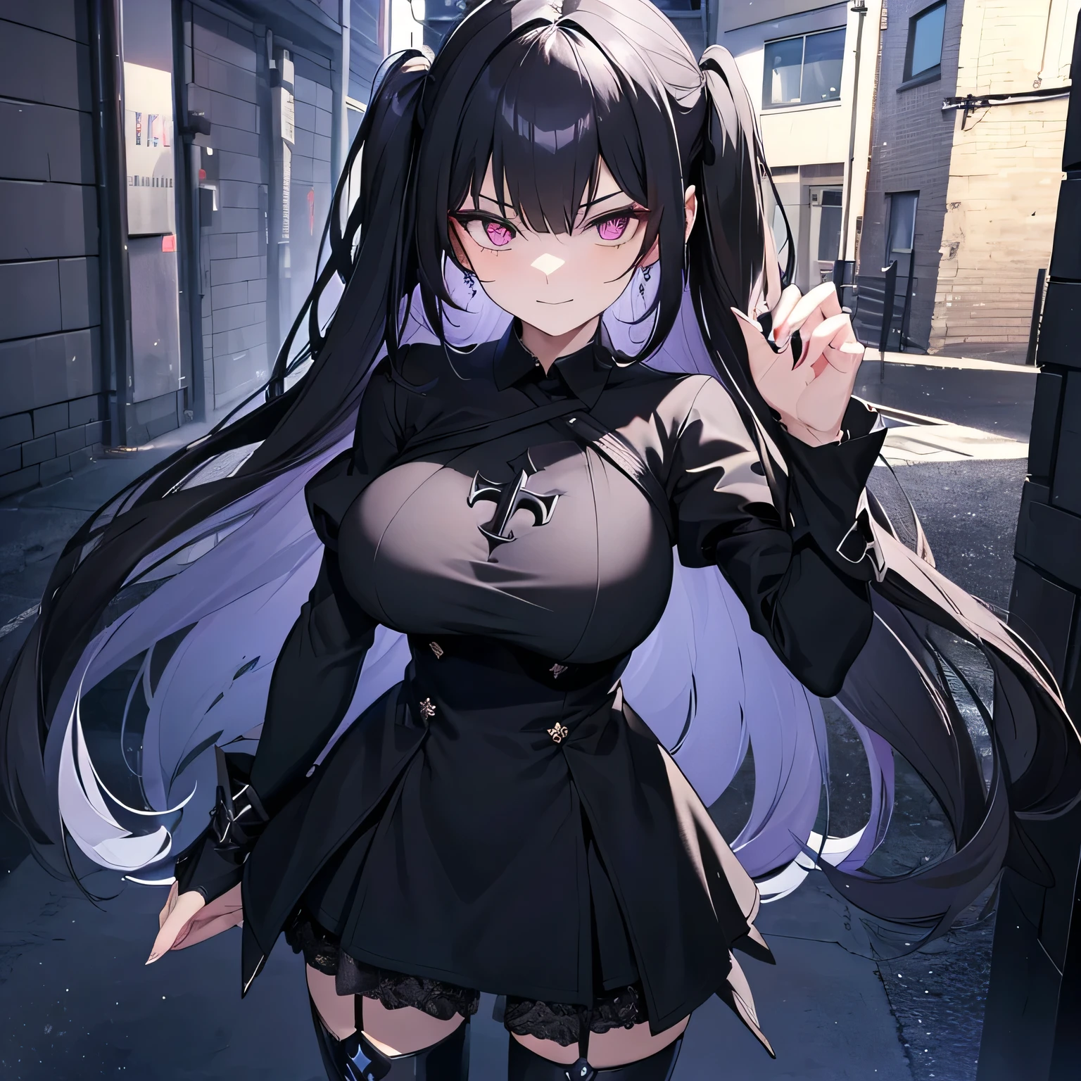 a gorgeous woman with long hair, dark hair with purple highlights and black obsidian eyes with demon-like pupils, a cocky smirk, beautiful detailed facial features, very short black dress with long black/grey sleeves. High on her neck is the German Cross used in Norway and the cross is also located at the end of her sleeves, wears black thigh-high tights and black boots that also have the Norwegian Cross. detailed thighs, big breasts, a symmetrical high boots, dark atmosphere, in a alleyway, best quality, 8k, ultra detailed, masterpiece, menacing atmosphere