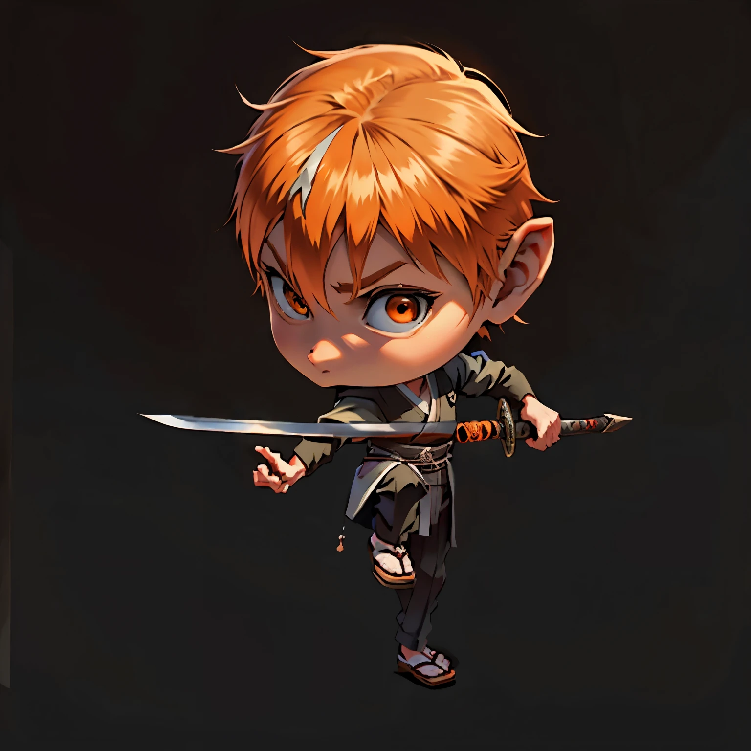 Boys, Full body, Serious face, brown eyes, ((orange hair)), medium length hair, wearing black samurai kimono, black shoe, holding samurai swords, levitate on sky, blue sky, cloud, various sides view